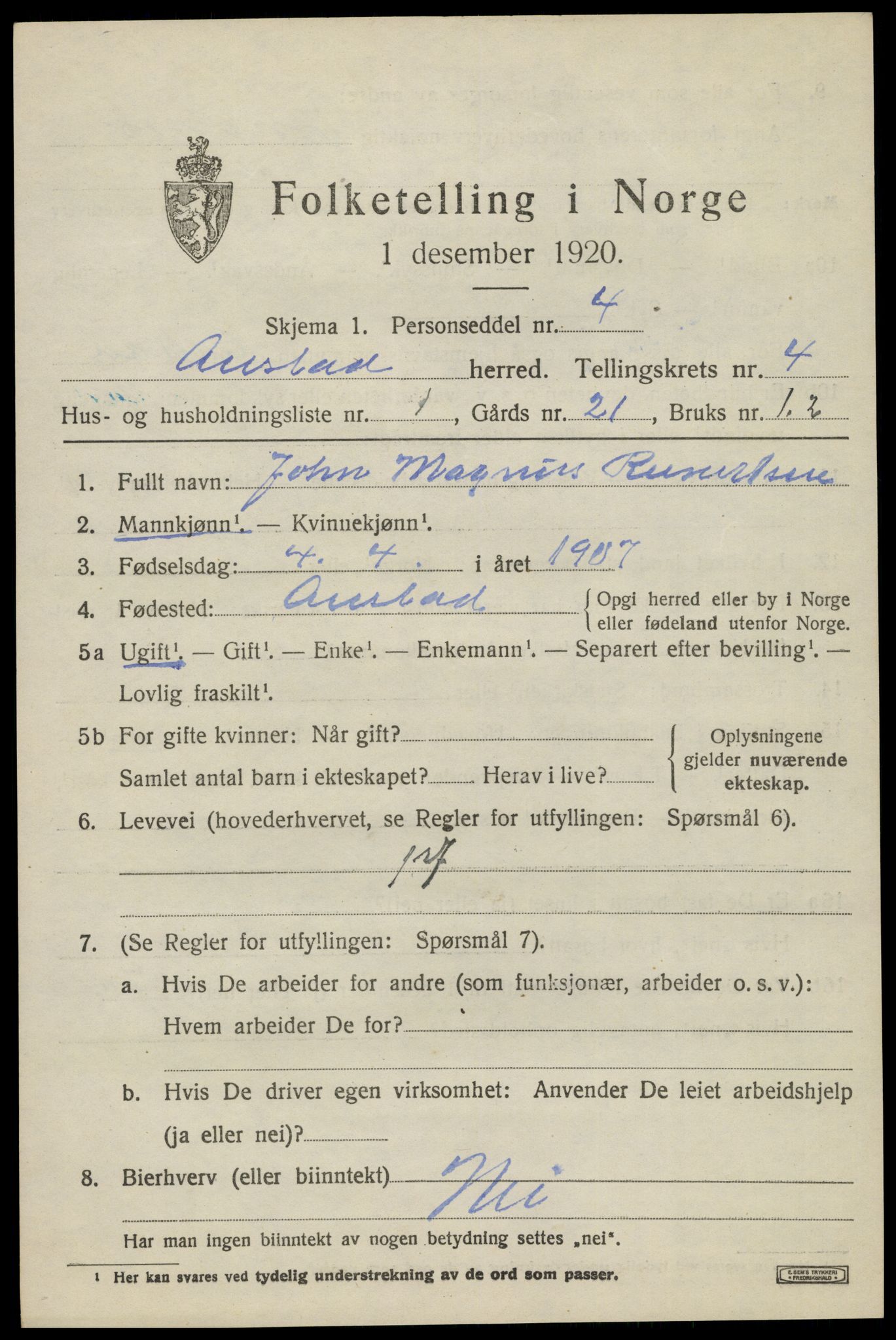 SAK, 1920 census for Austad, 1920, p. 1411