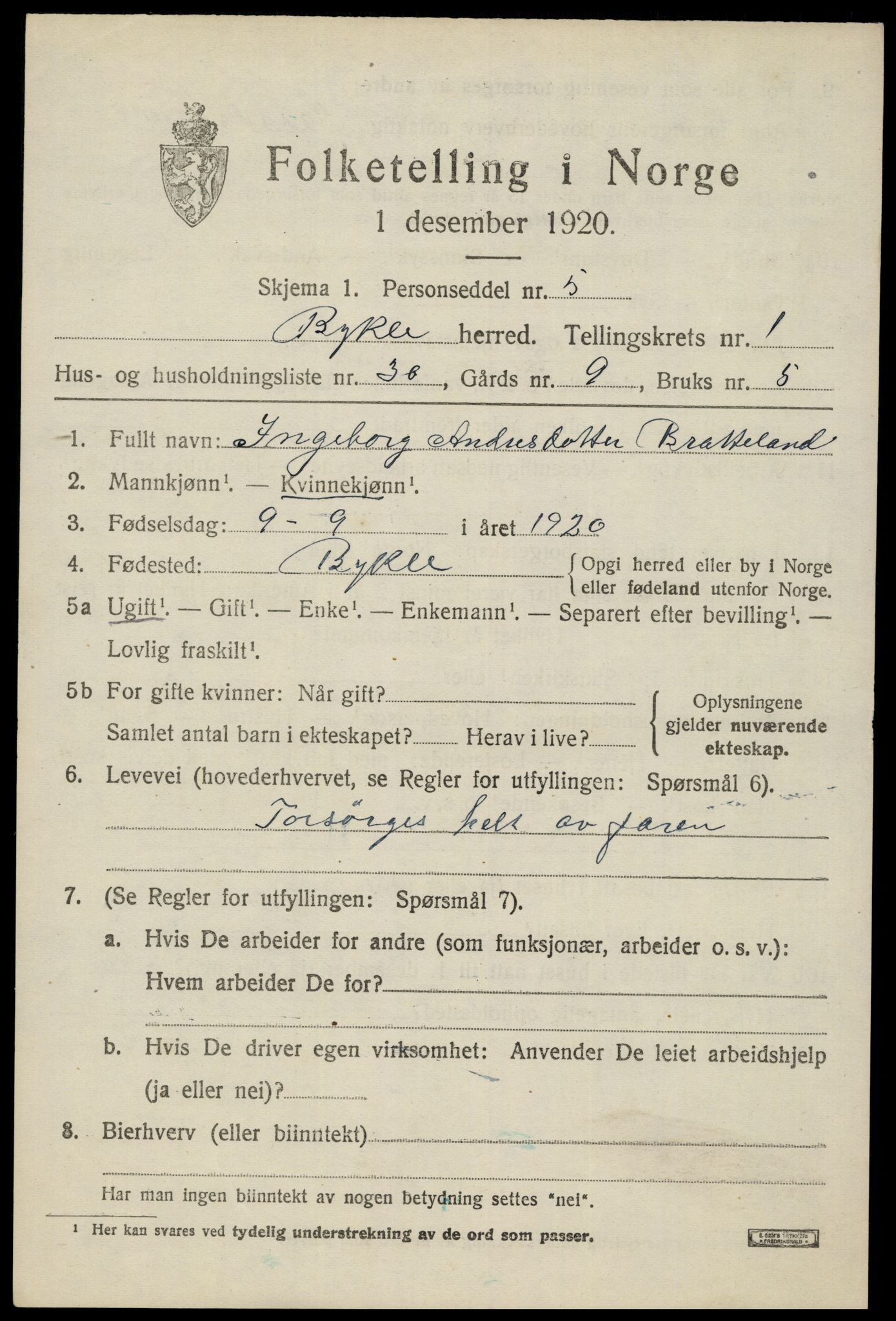 SAK, 1920 census for Bykle, 1920, p. 591