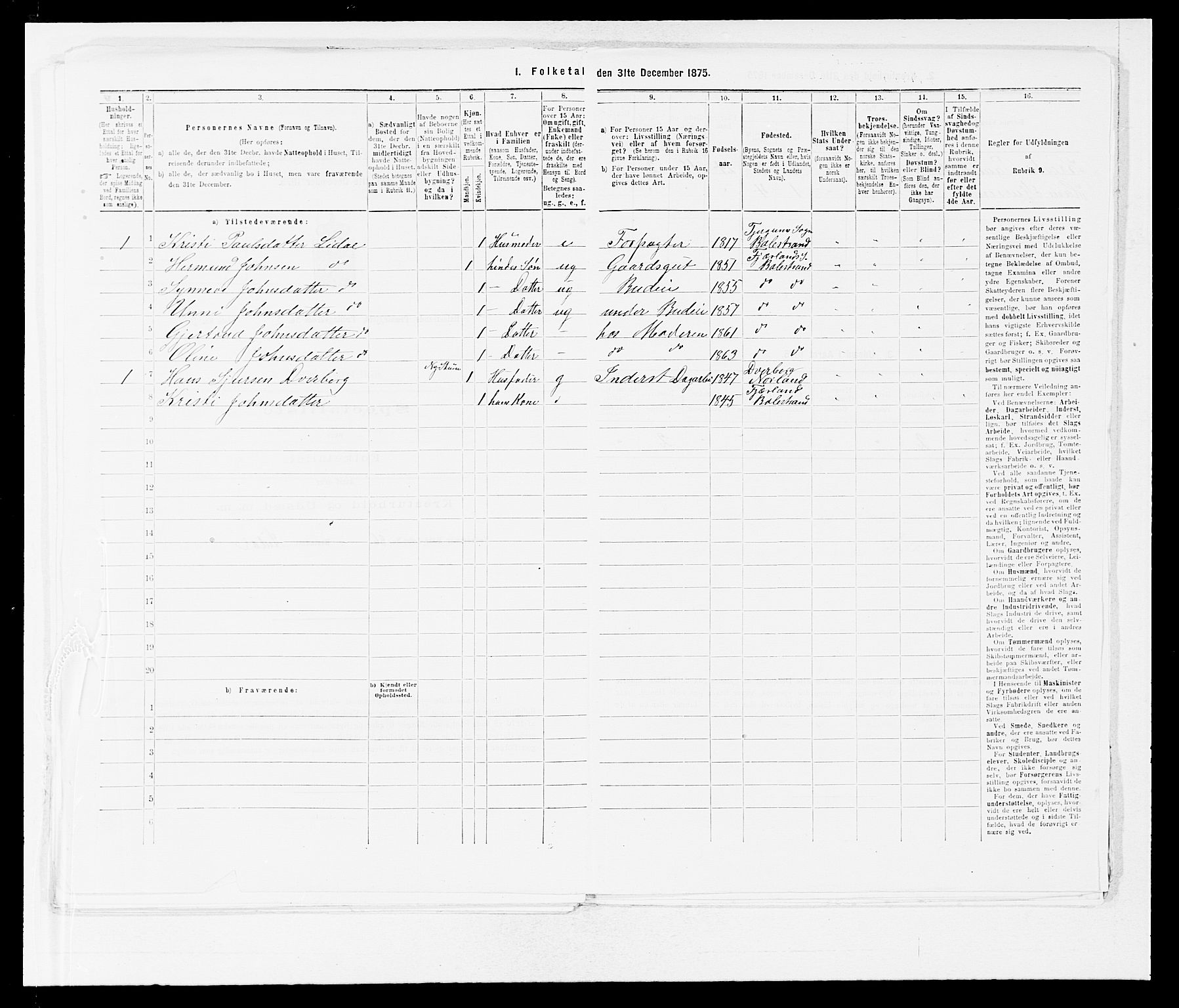 SAB, 1875 census for 1418P Balestrand, 1875, p. 433