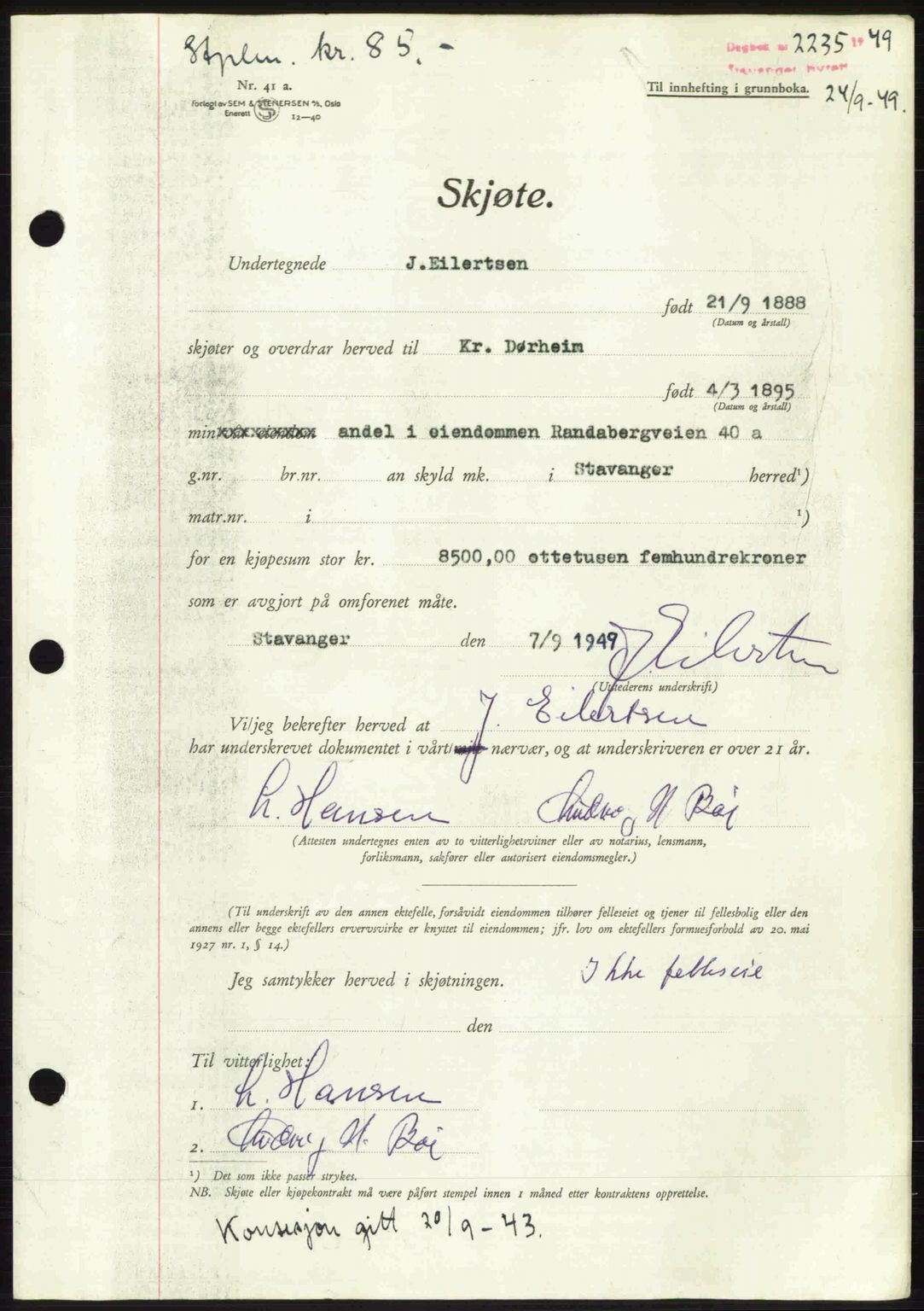 Stavanger byrett, SAST/A-100455/002/G/Gb/L0023: Mortgage book no. A12, 1948-1949, Diary no: : 2235/1949