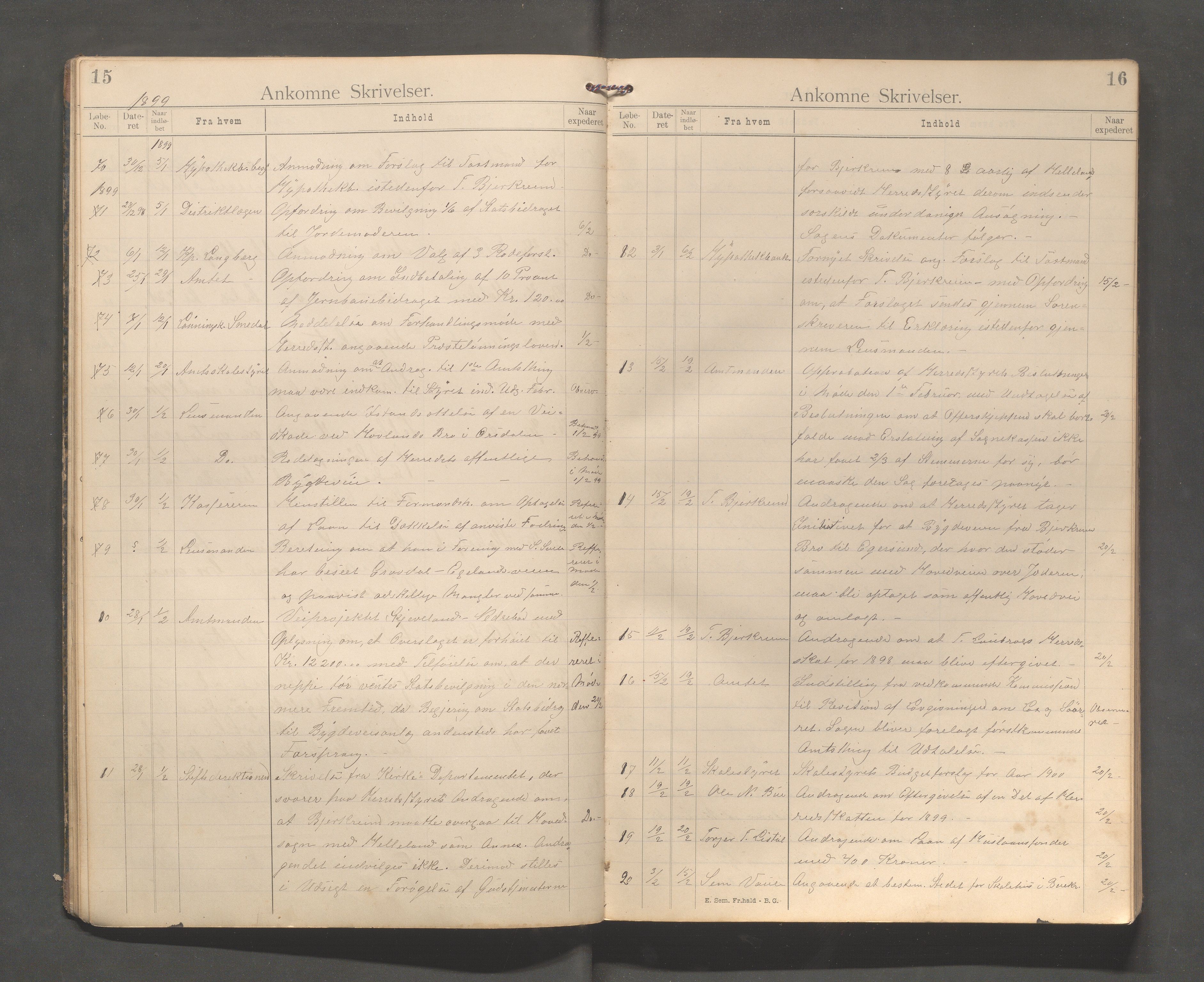 Bjerkreim kommune - Formannskapet/Sentraladministrasjonen, IKAR/K-101531/C/Ca/L0001: Journal, 1896-1911, p. 15-16