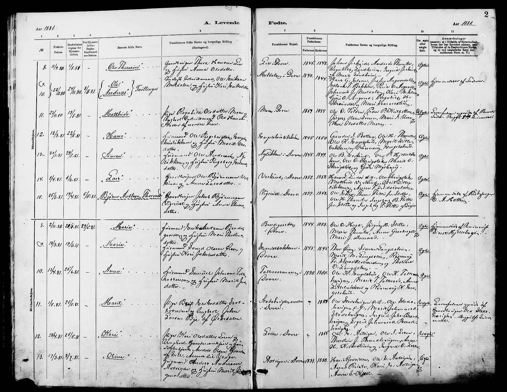 Dovre prestekontor, SAH/PREST-066/H/Ha/Hab/L0002: Parish register (copy) no. 2, 1881-1907, p. 2