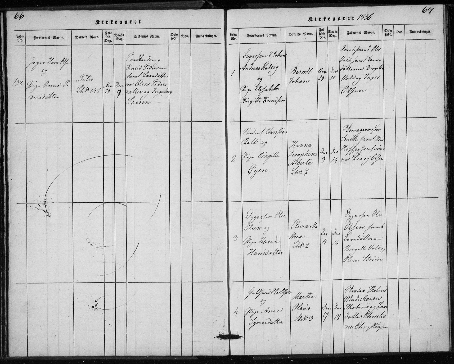 Rikshospitalet prestekontor Kirkebøker, SAO/A-10309b/K/L0001/0001: Baptism register no. 1.1, 1834-1842, p. 66-67