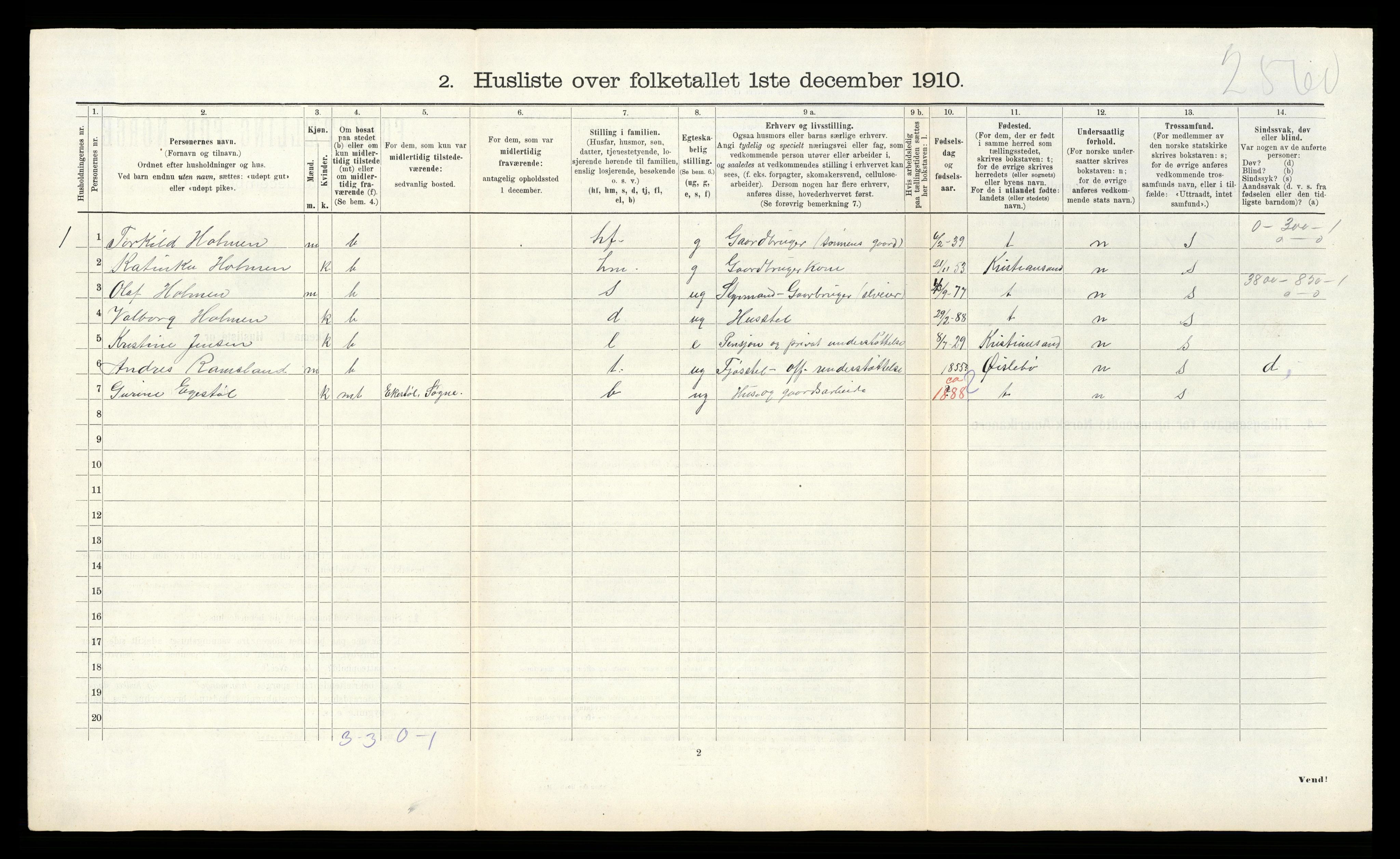 RA, 1910 census for Søgne, 1910, p. 1133