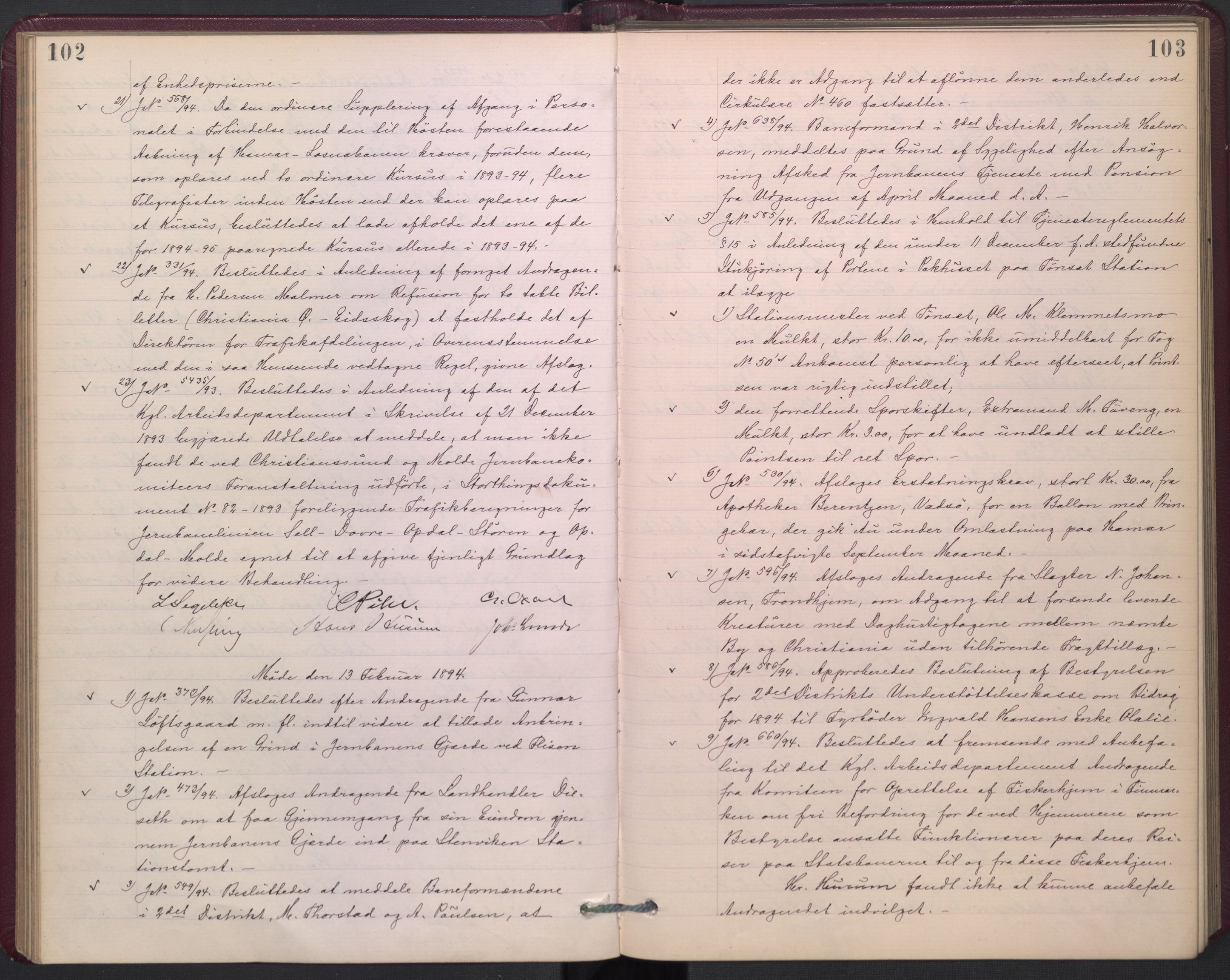 Norges statsbaner, Administrasjons- økonomi- og personalavdelingen, AV/RA-S-3412/A/Aa/L0002a: Forhandlingsprotokoll, 1893-1895, p. 102-103