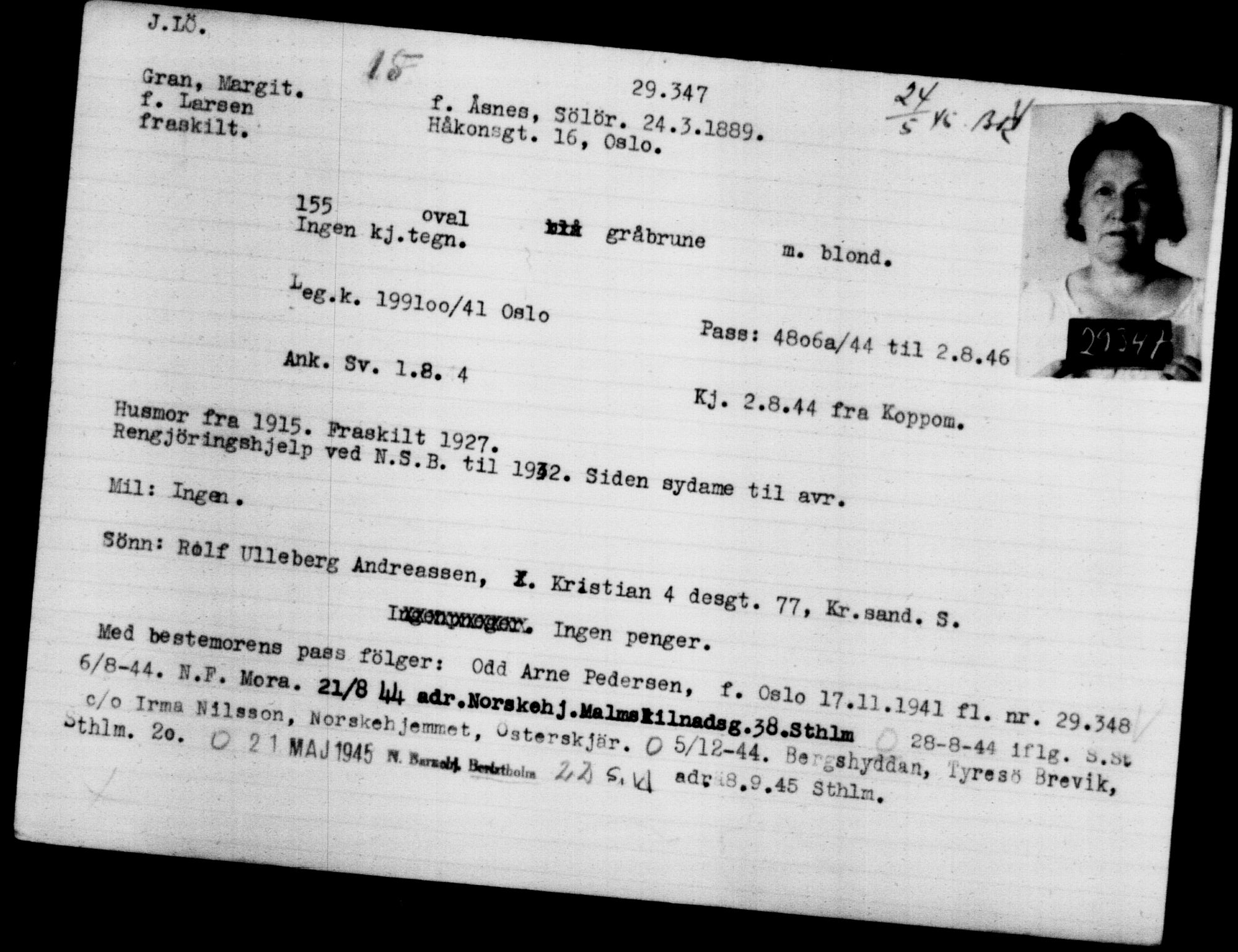 Utenriksstasjonene, Legasjonen i Stockholm, Flyktningkontoret, AV/RA-S-6753/V/Va/L0012: Kjesäterkartoteket, flyktninger med registreringsnr. 28300-31566, 1940-1945, p. 1149