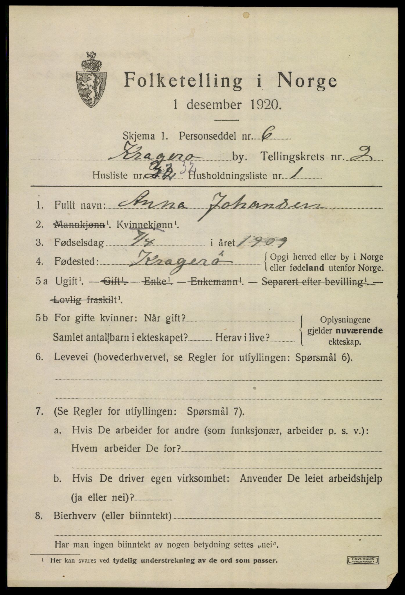 SAKO, 1920 census for Kragerø, 1920, p. 5743