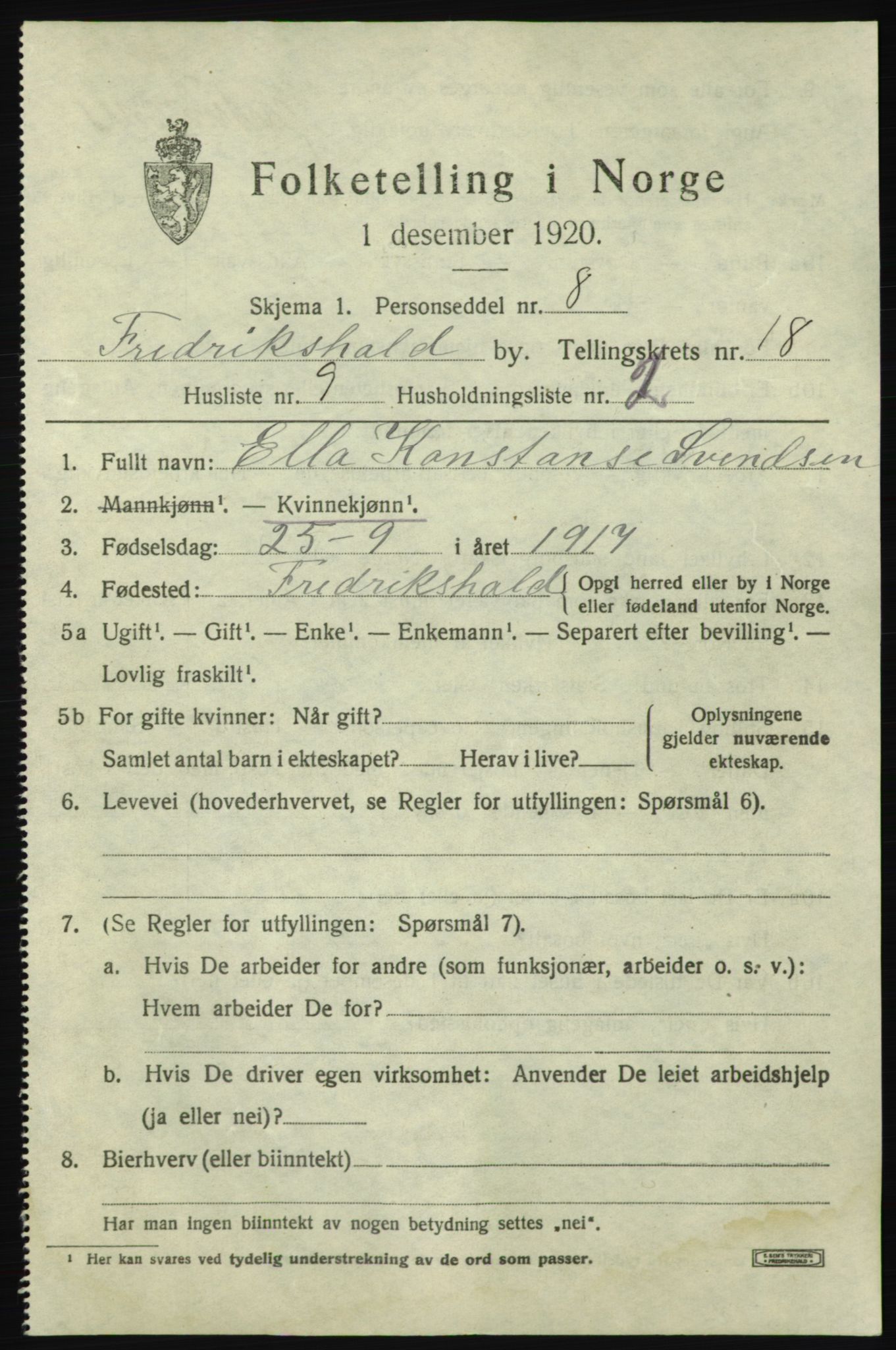 SAO, 1920 census for Fredrikshald, 1920, p. 27275