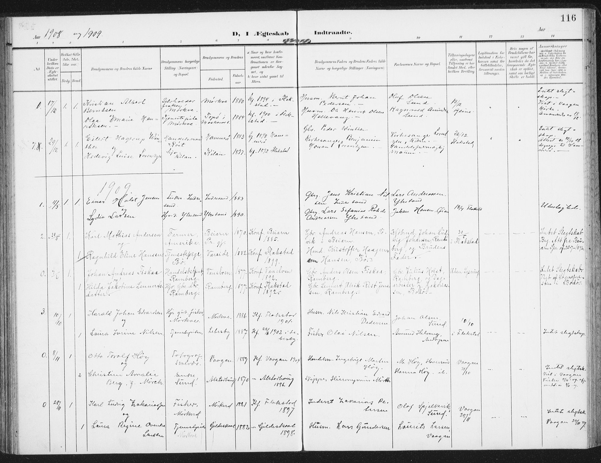 Ministerialprotokoller, klokkerbøker og fødselsregistre - Nordland, SAT/A-1459/885/L1206: Parish register (official) no. 885A07, 1905-1915, p. 116