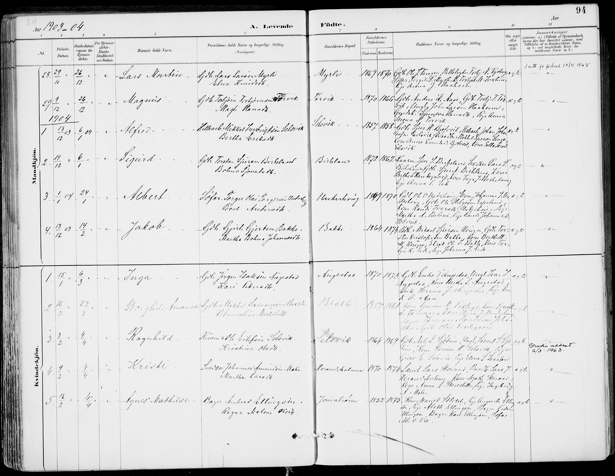 Strandebarm sokneprestembete, SAB/A-78401/H/Haa: Parish register (official) no. E  1, 1886-1908, p. 94