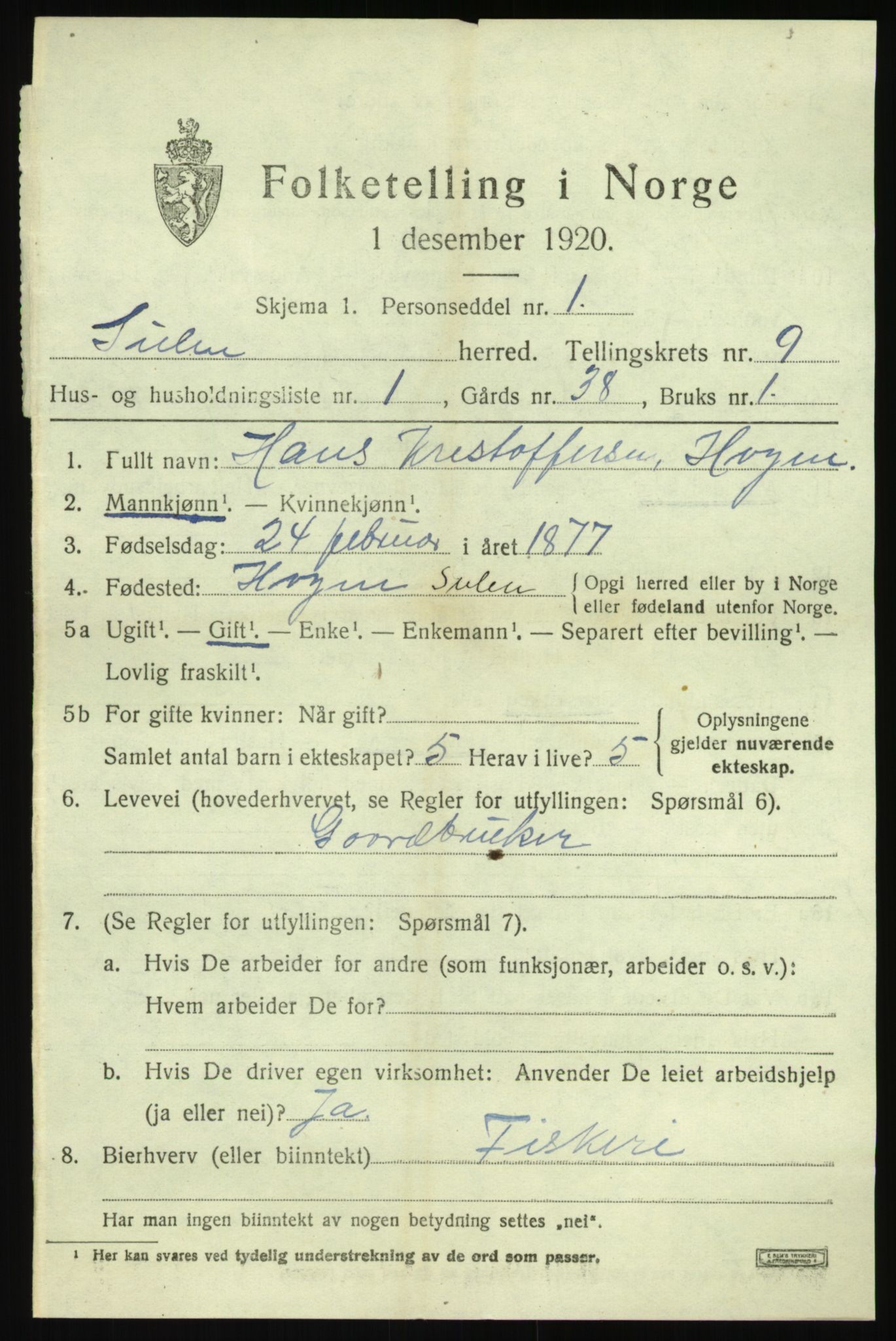 SAB, 1920 census for Solund, 1920, p. 3244