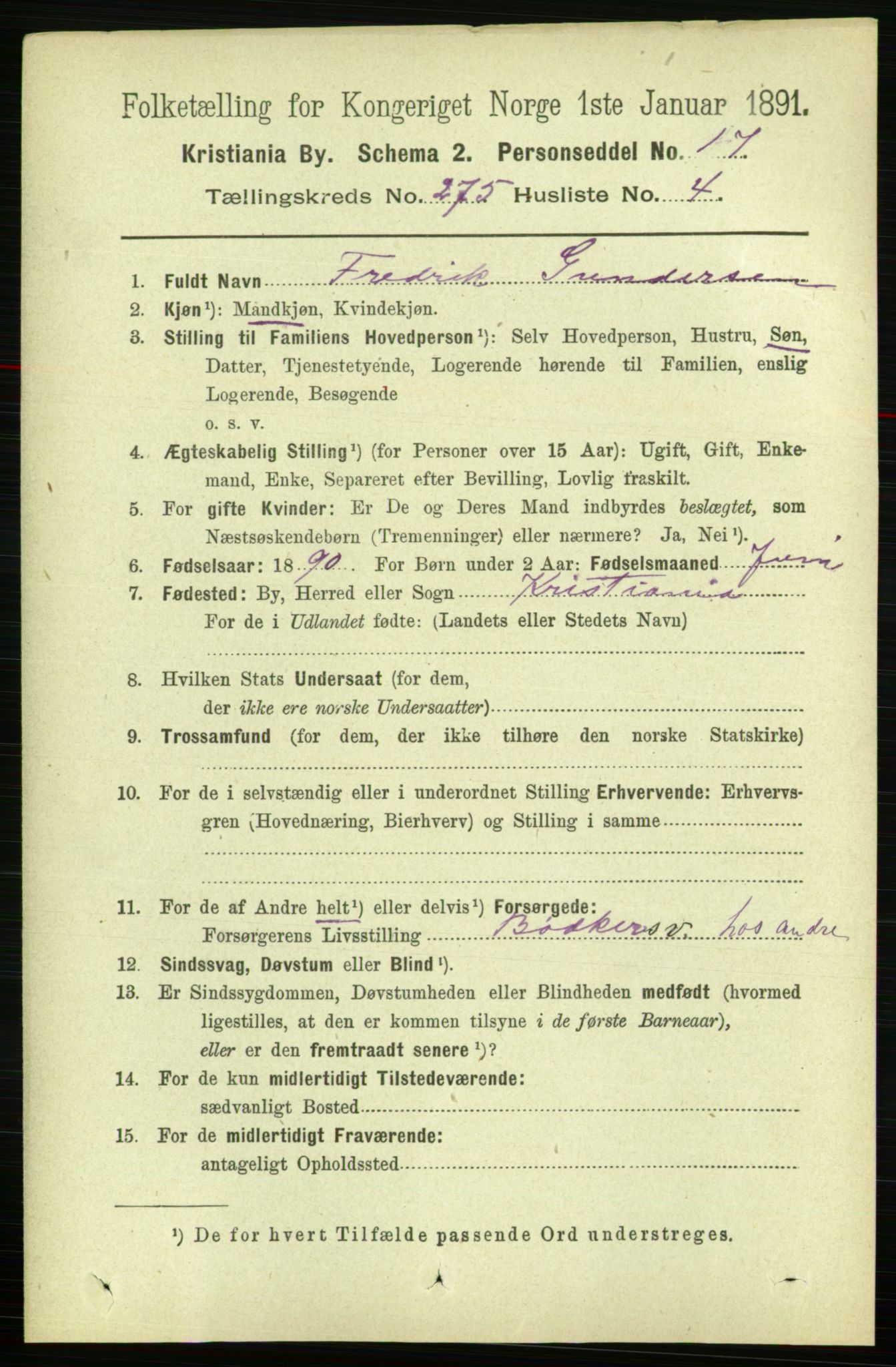 RA, 1891 census for 0301 Kristiania, 1891, p. 167001