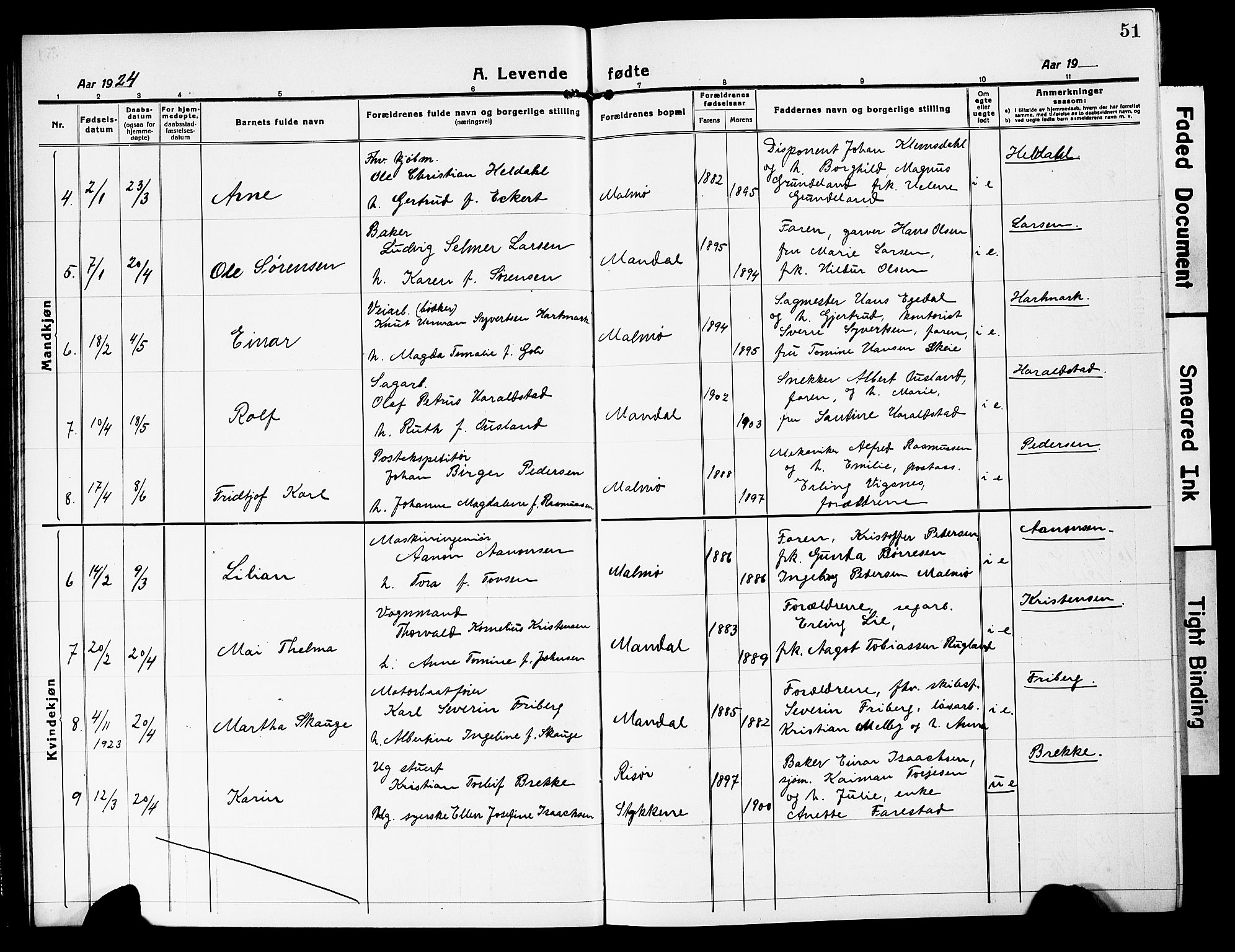 Mandal sokneprestkontor, AV/SAK-1111-0030/F/Fb/Fbc/L0001: Parish register (copy) no. B 1, 1918-1931, p. 51