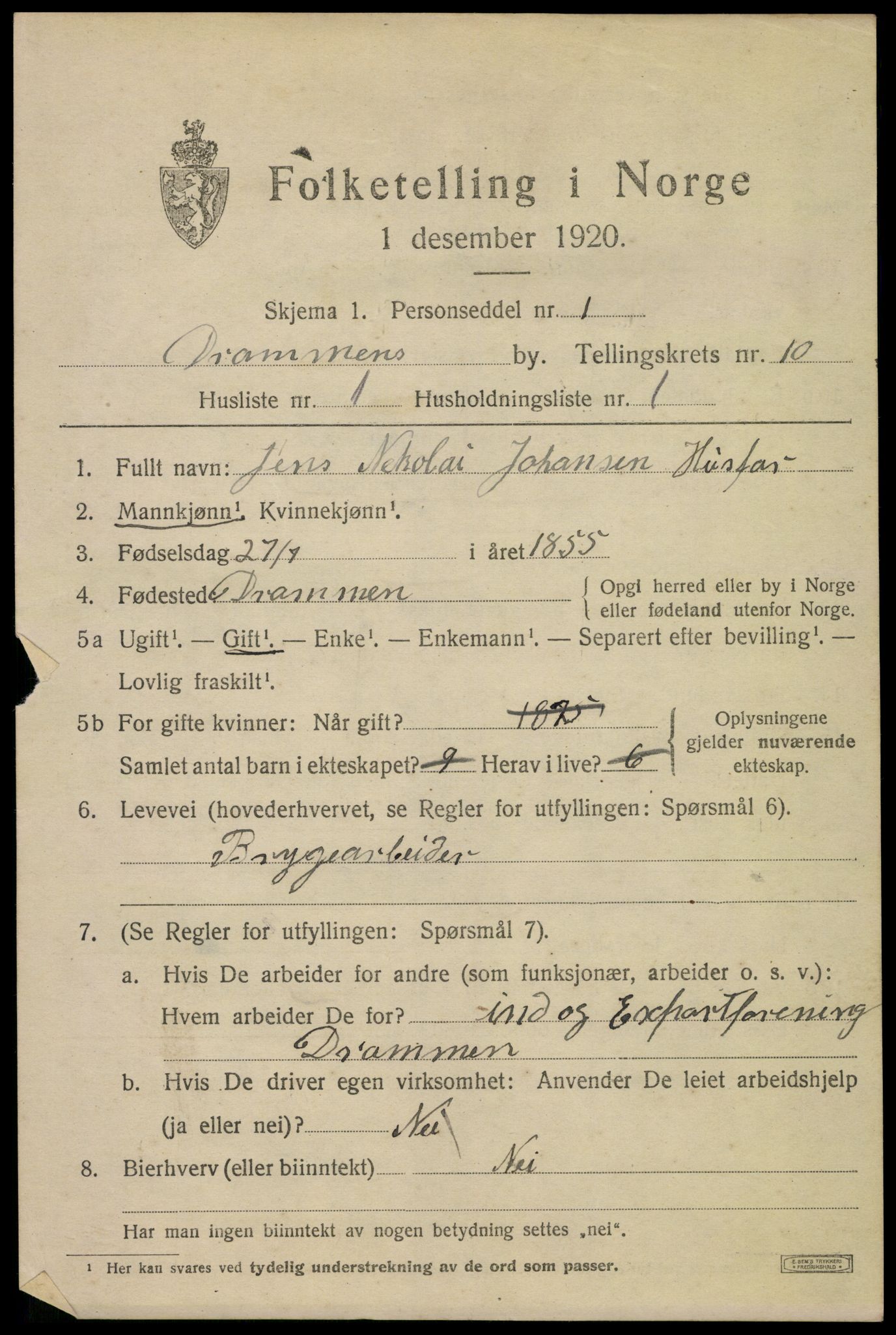 SAKO, 1920 census for Drammen, 1920, p. 62199