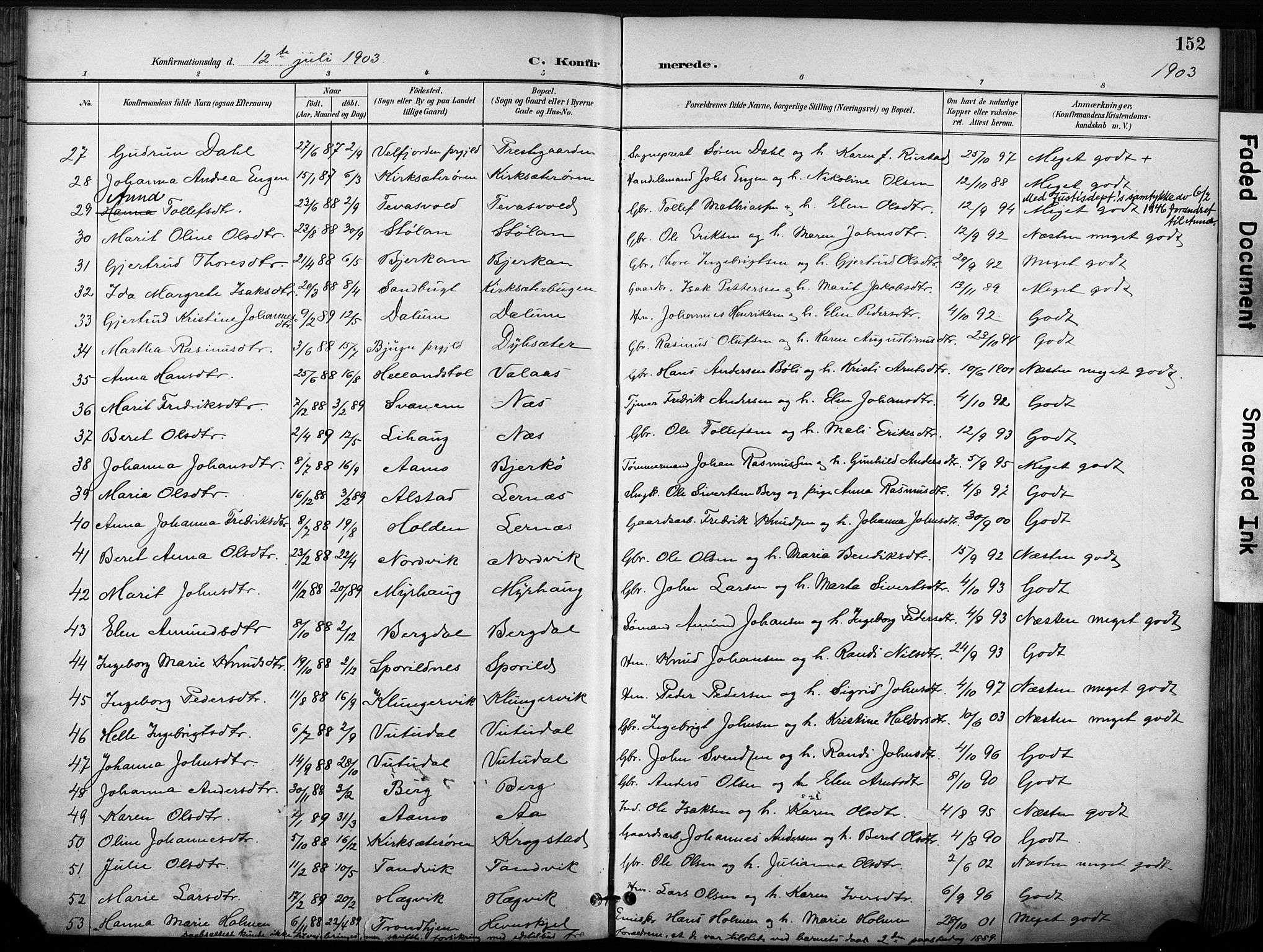Ministerialprotokoller, klokkerbøker og fødselsregistre - Sør-Trøndelag, SAT/A-1456/630/L0497: Parish register (official) no. 630A10, 1896-1910, p. 152