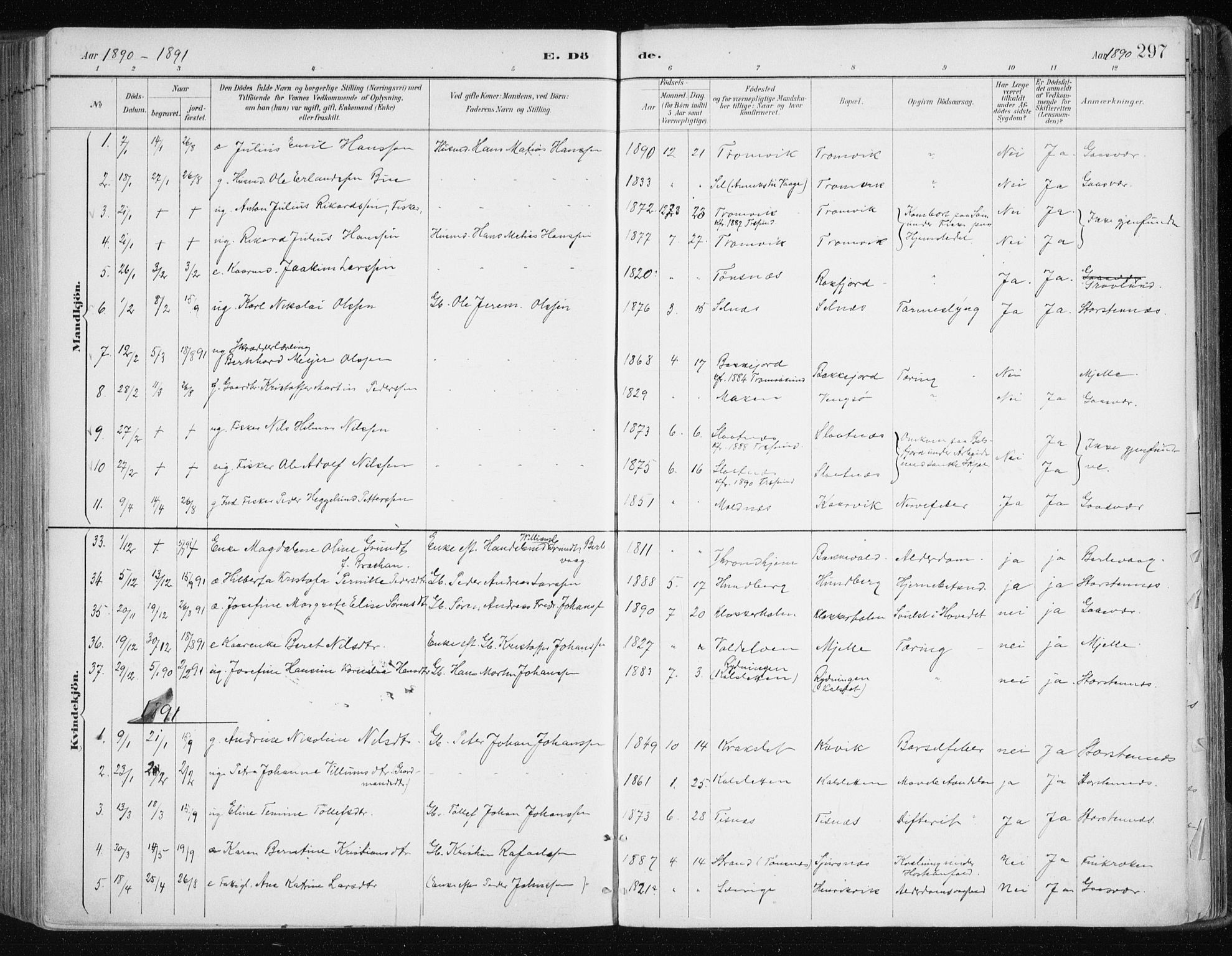 Tromsøysund sokneprestkontor, AV/SATØ-S-1304/G/Ga/L0005kirke: Parish register (official) no. 5, 1888-1896, p. 297