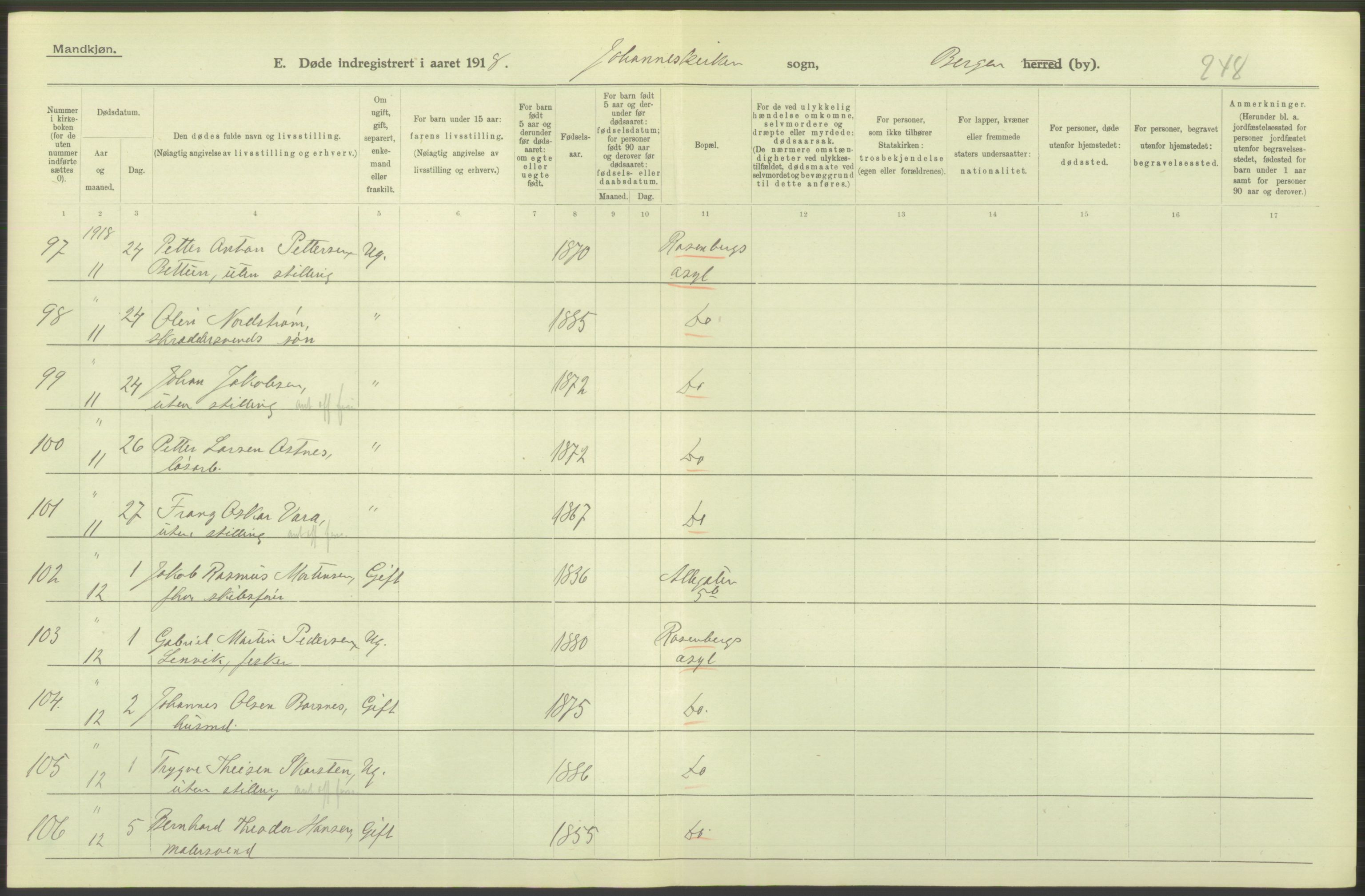 Statistisk sentralbyrå, Sosiodemografiske emner, Befolkning, RA/S-2228/D/Df/Dfb/Dfbh/L0039: Bergen: Døde., 1918, p. 66