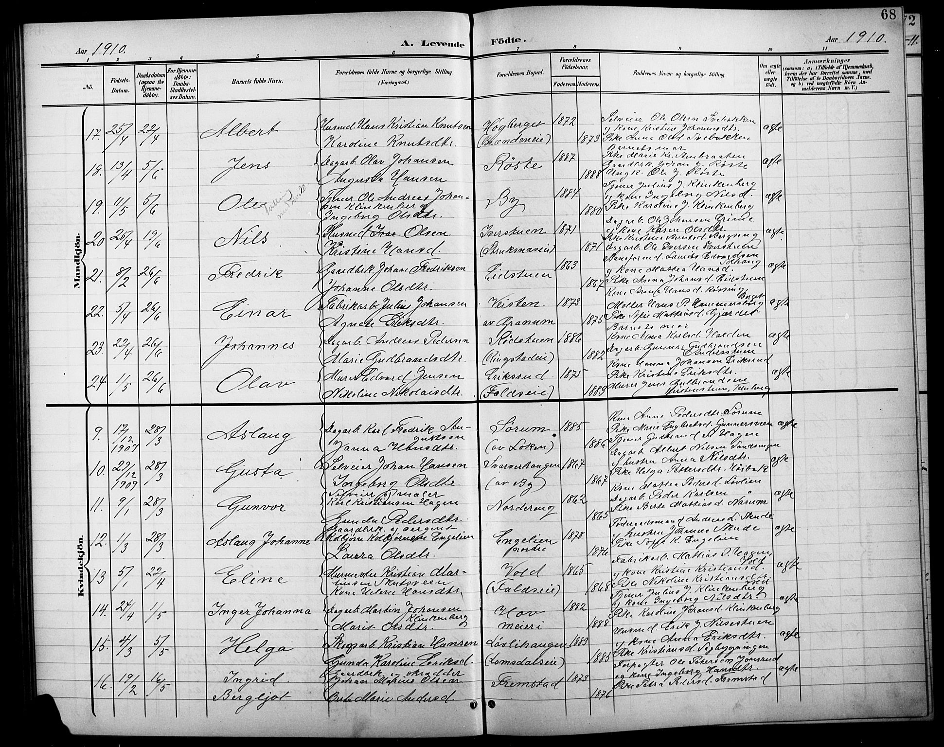 Søndre Land prestekontor, AV/SAH-PREST-122/L/L0004: Parish register (copy) no. 4, 1901-1915, p. 68