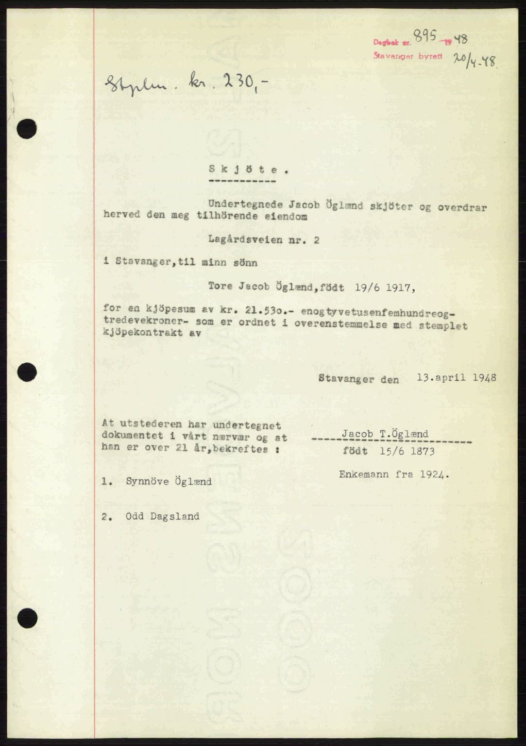 Stavanger byrett, SAST/A-100455/002/G/Gb/L0022: Mortgage book no. A11, 1947-1948, Diary no: : 895/1948