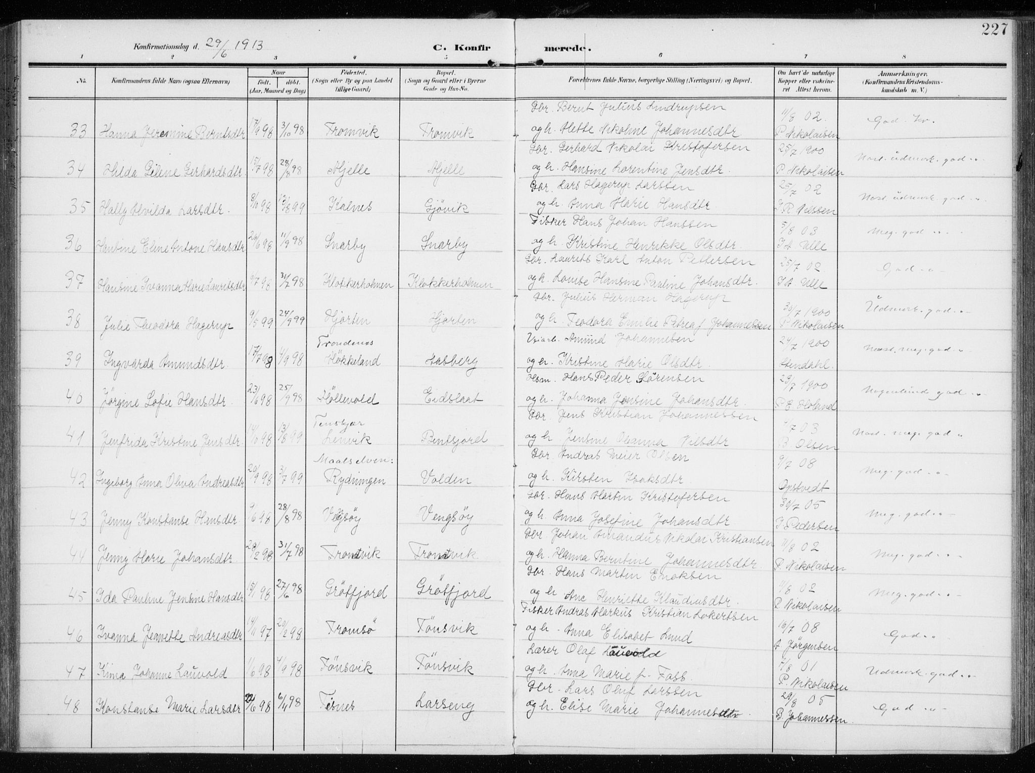 Tromsøysund sokneprestkontor, AV/SATØ-S-1304/G/Ga/L0007kirke: Parish register (official) no. 7, 1907-1914, p. 227