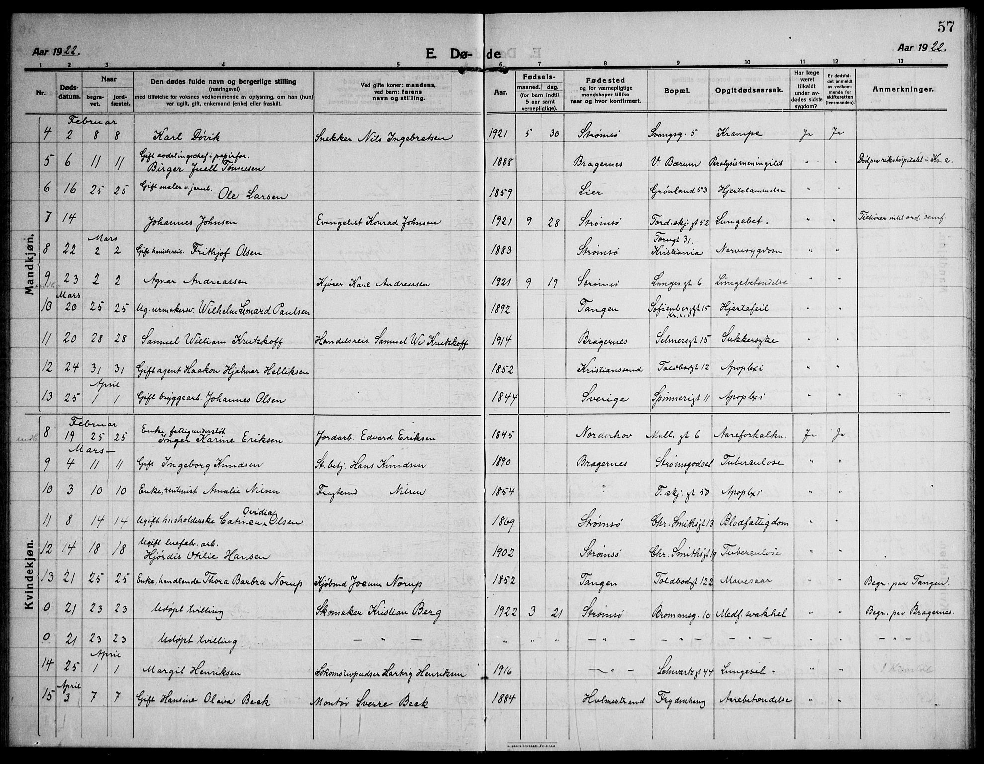 Strømsø kirkebøker, AV/SAKO-A-246/F/Fa/L0028: Parish register (official) no. I 29, 1914-1937, p. 57