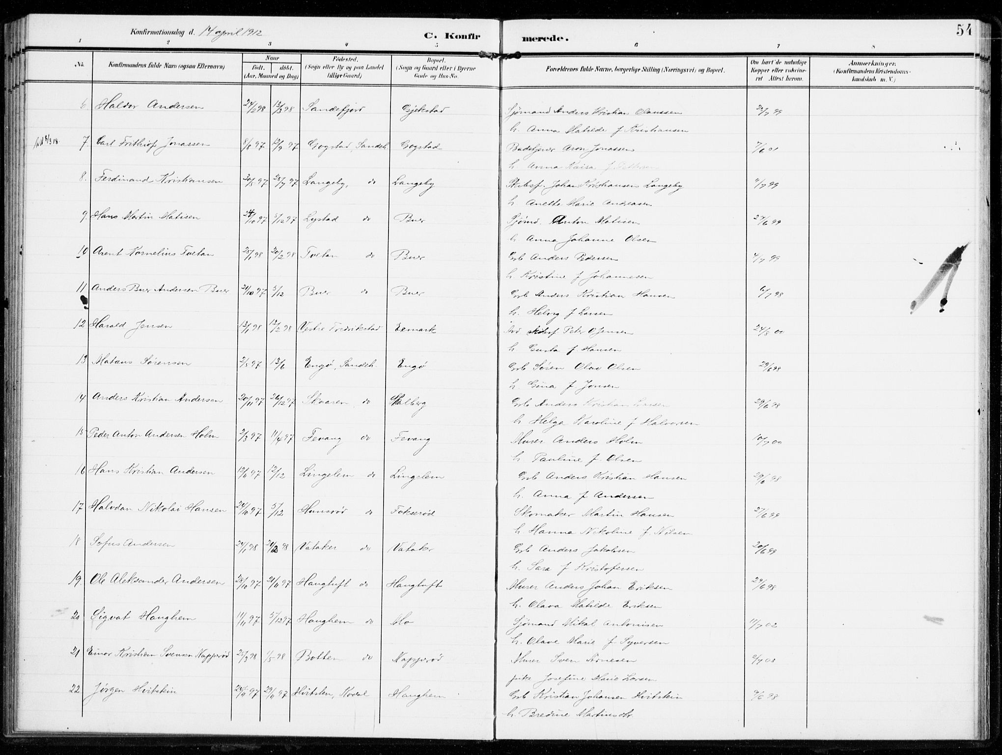 Sandar kirkebøker, AV/SAKO-A-243/F/Fa/L0017: Parish register (official) no. 17, 1907-1917, p. 54