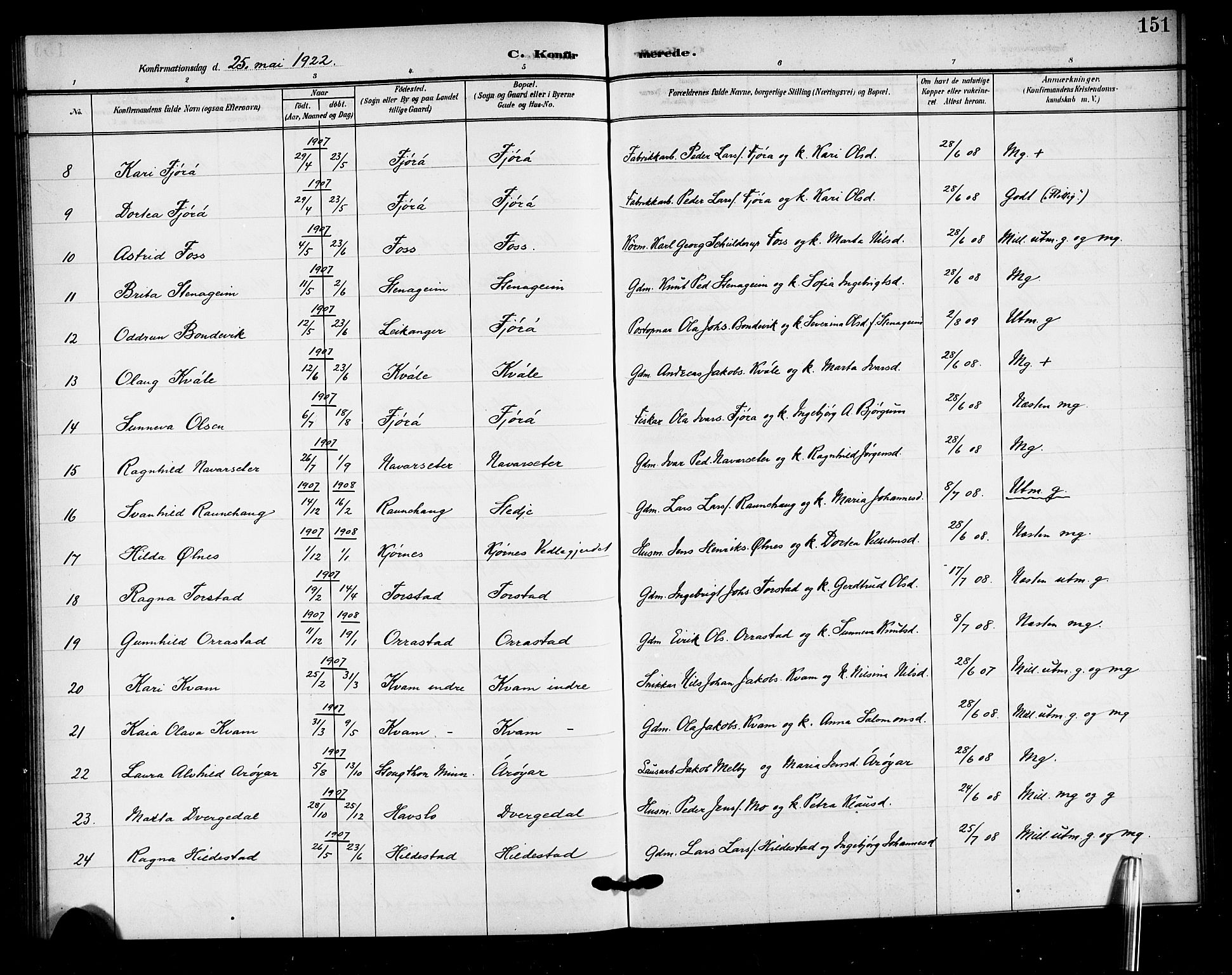 Sogndal sokneprestembete, AV/SAB-A-81301/H/Hab/Haba/L0002: Parish register (copy) no. A 2, 1908-1924, p. 151