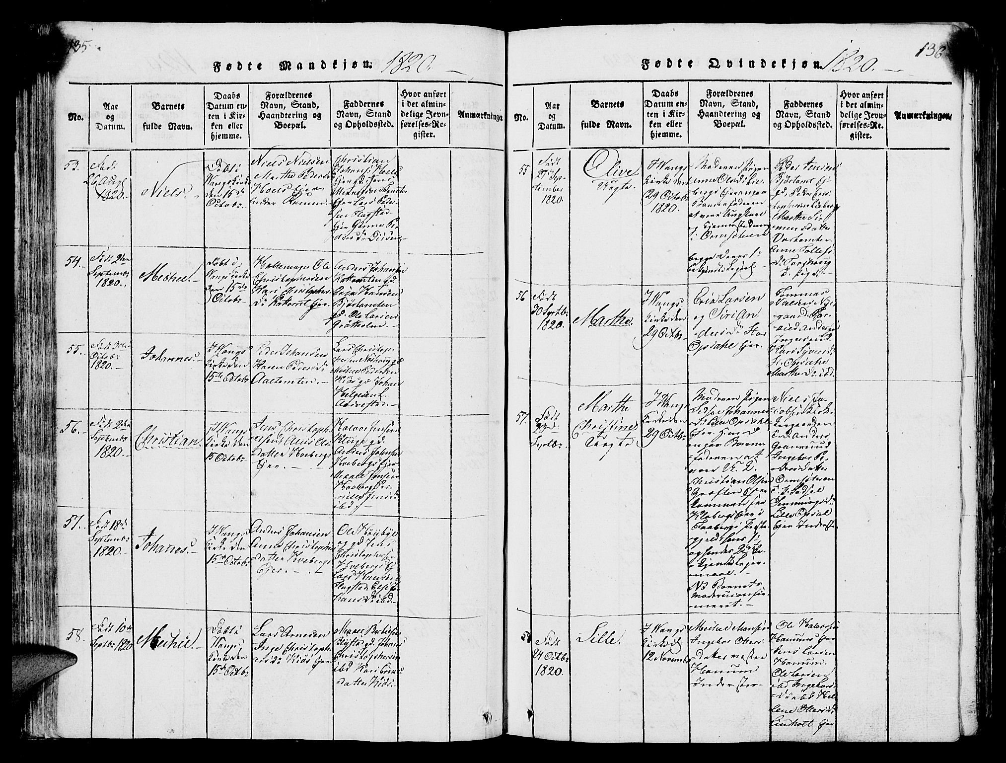 Vang prestekontor, Hedmark, AV/SAH-PREST-008/H/Ha/Hab/L0004: Parish register (copy) no. 4, 1813-1827, p. 135-136