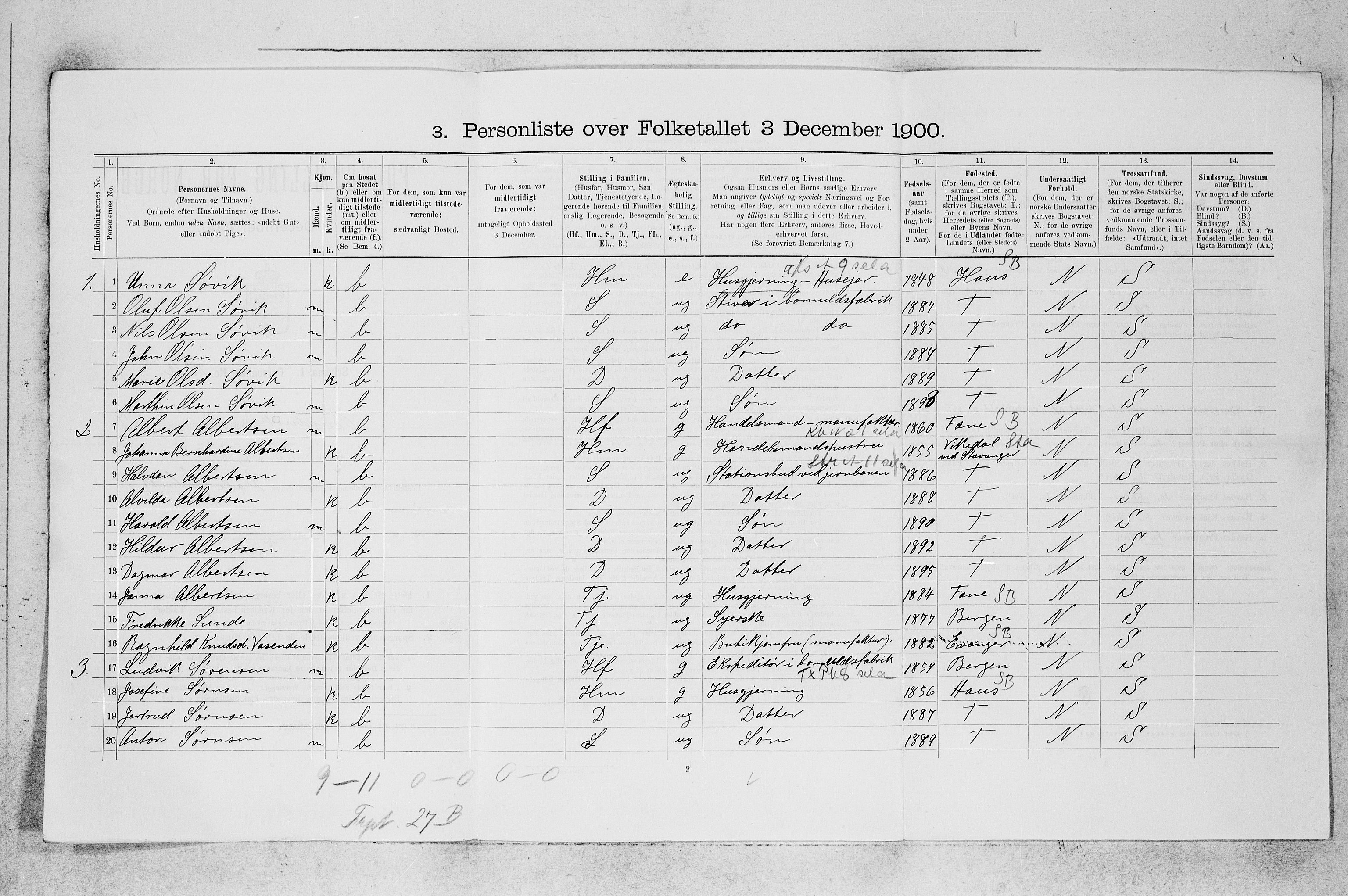 SAB, 1900 census for Bruvik, 1900, p. 579