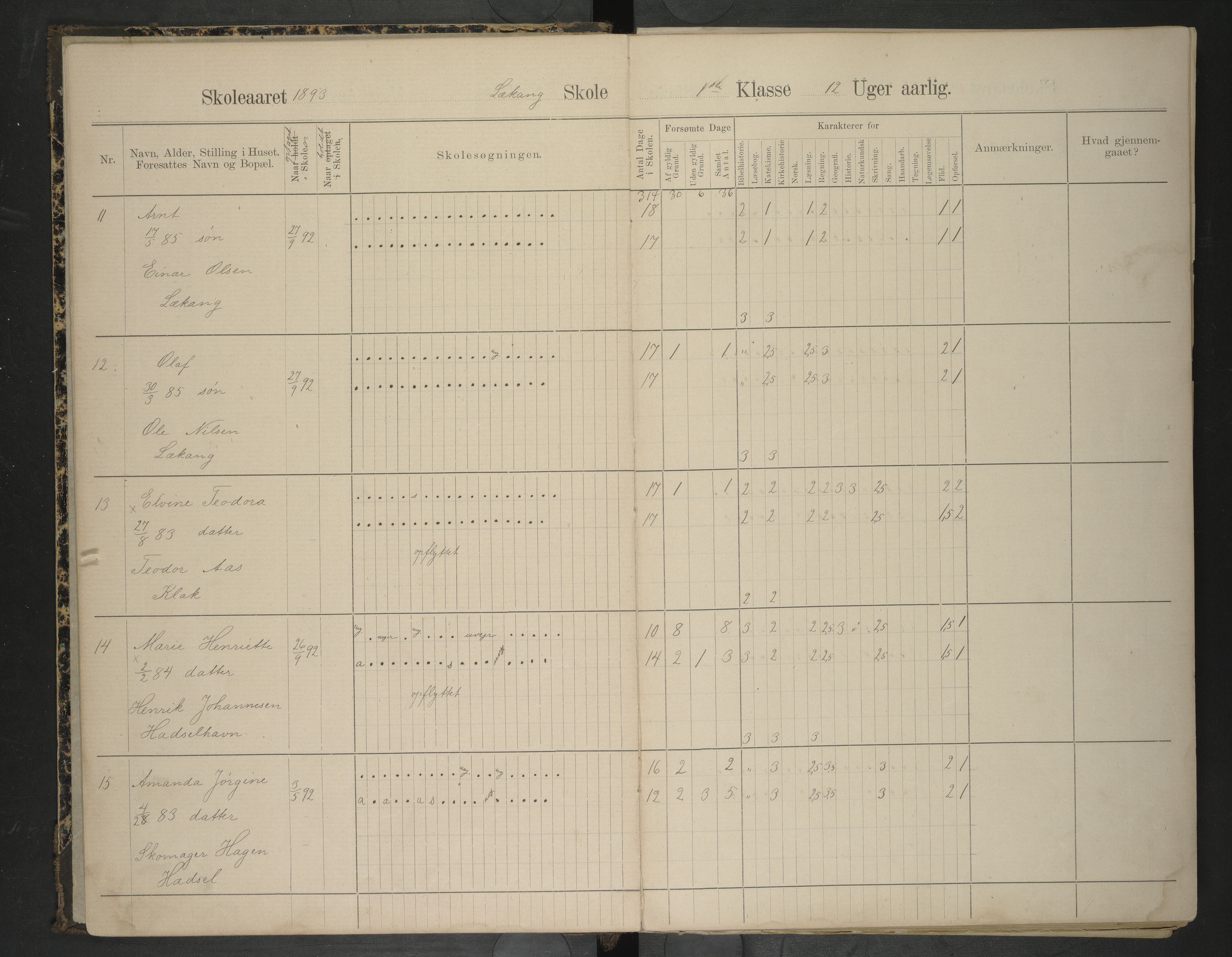 Hadsel kommune. Lekang, Husby og Ongstad skolekrets, AIN/K-18660.510.53/F/L0001: Skoleprotokoll for Lekang, Husby og Ongstad, 1892-1896