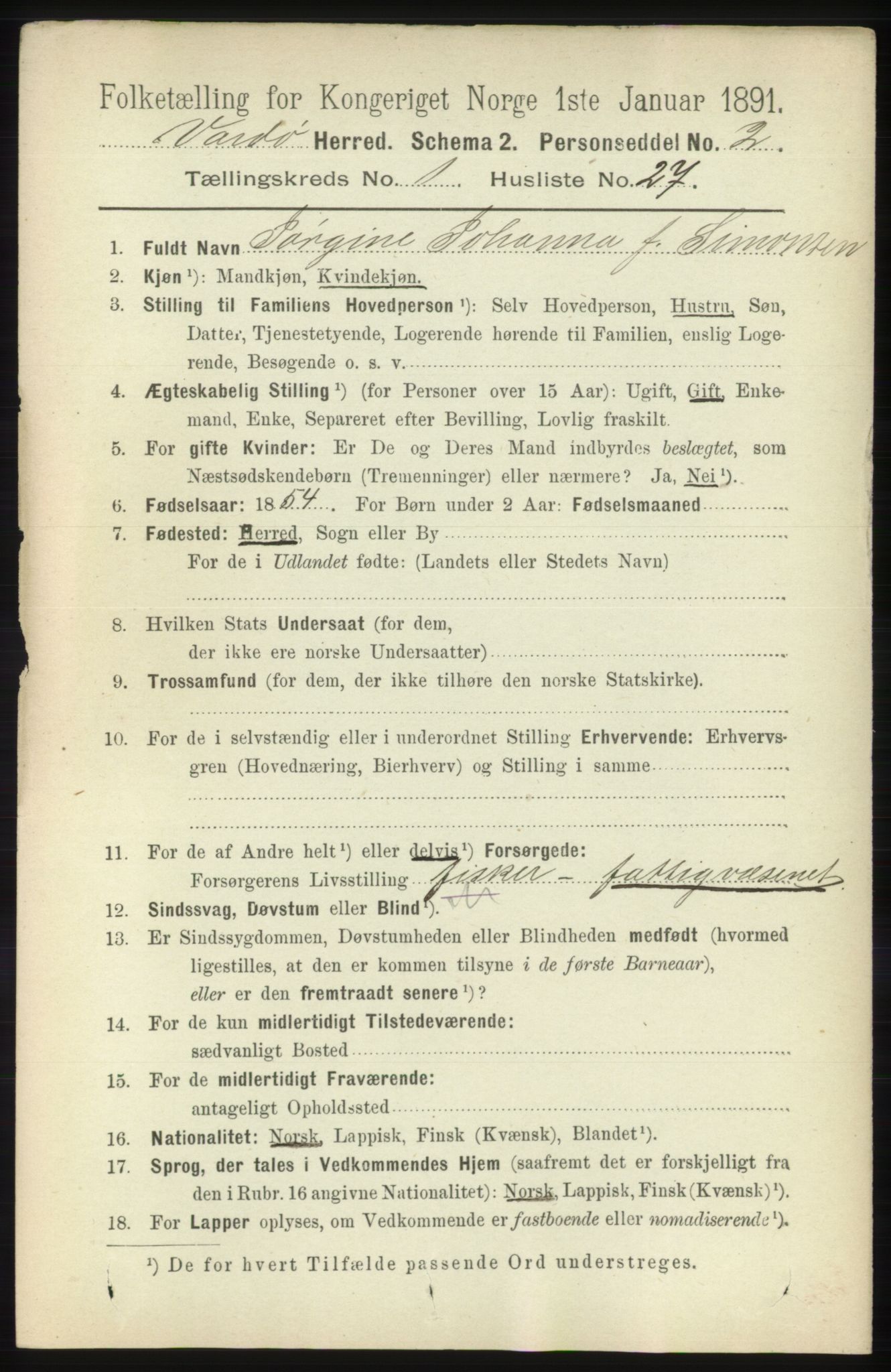 RA, 1891 census for 2028 Vardø, 1891, p. 201