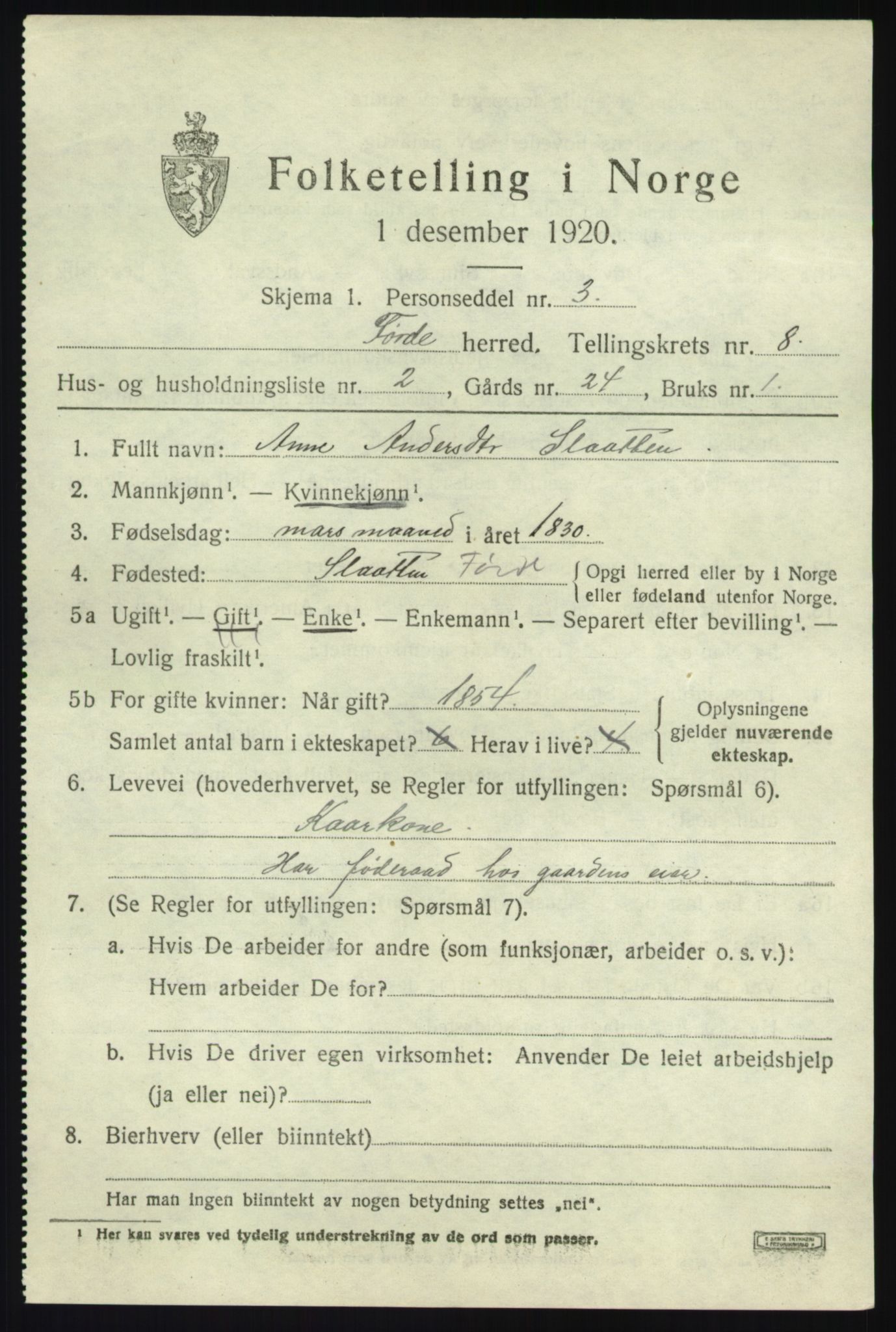 SAB, 1920 census for Førde, 1920, p. 3182