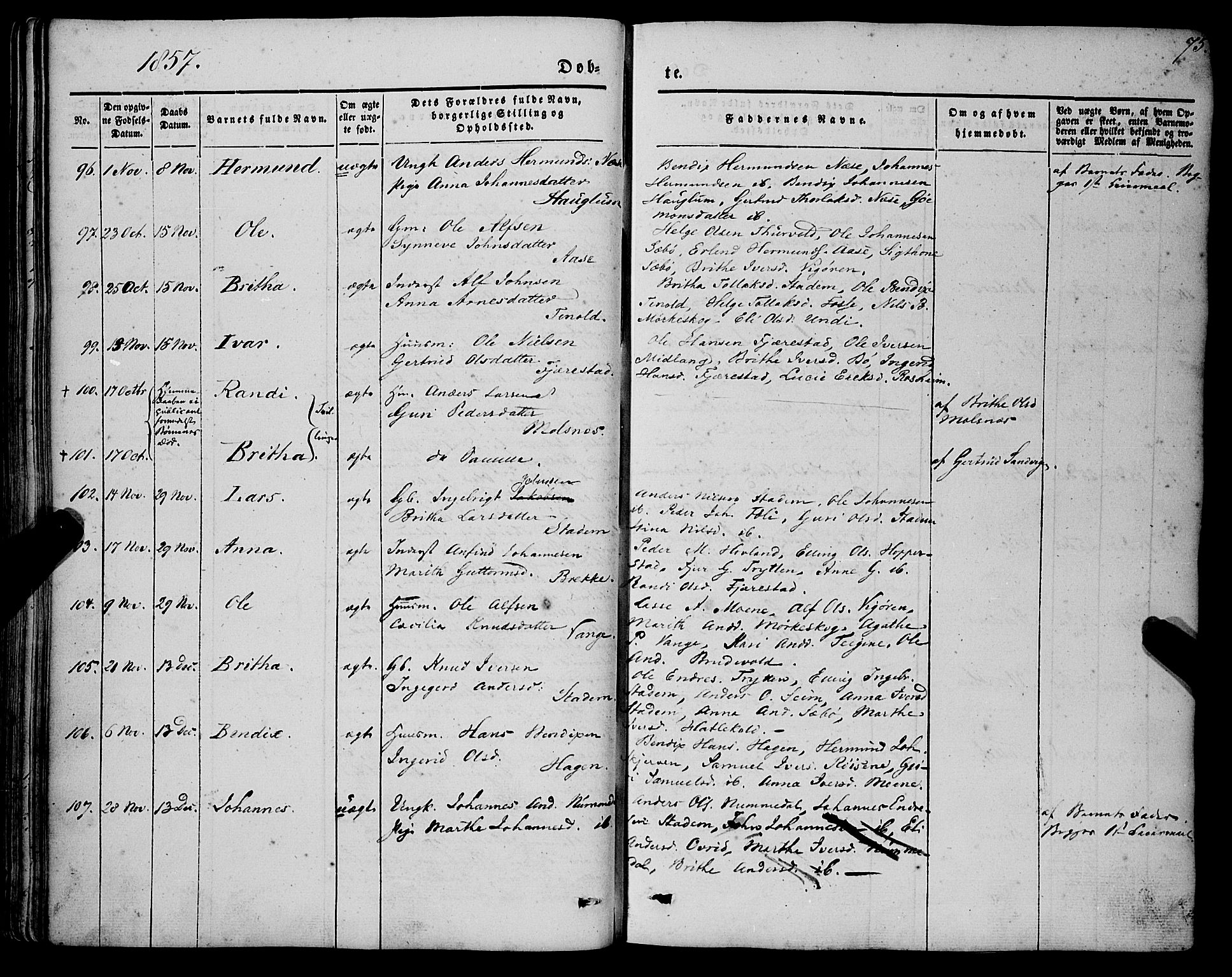 Vik sokneprestembete, AV/SAB-A-81501/H/Haa/Haaa/L0008: Parish register (official) no. A 8, 1846-1865, p. 75