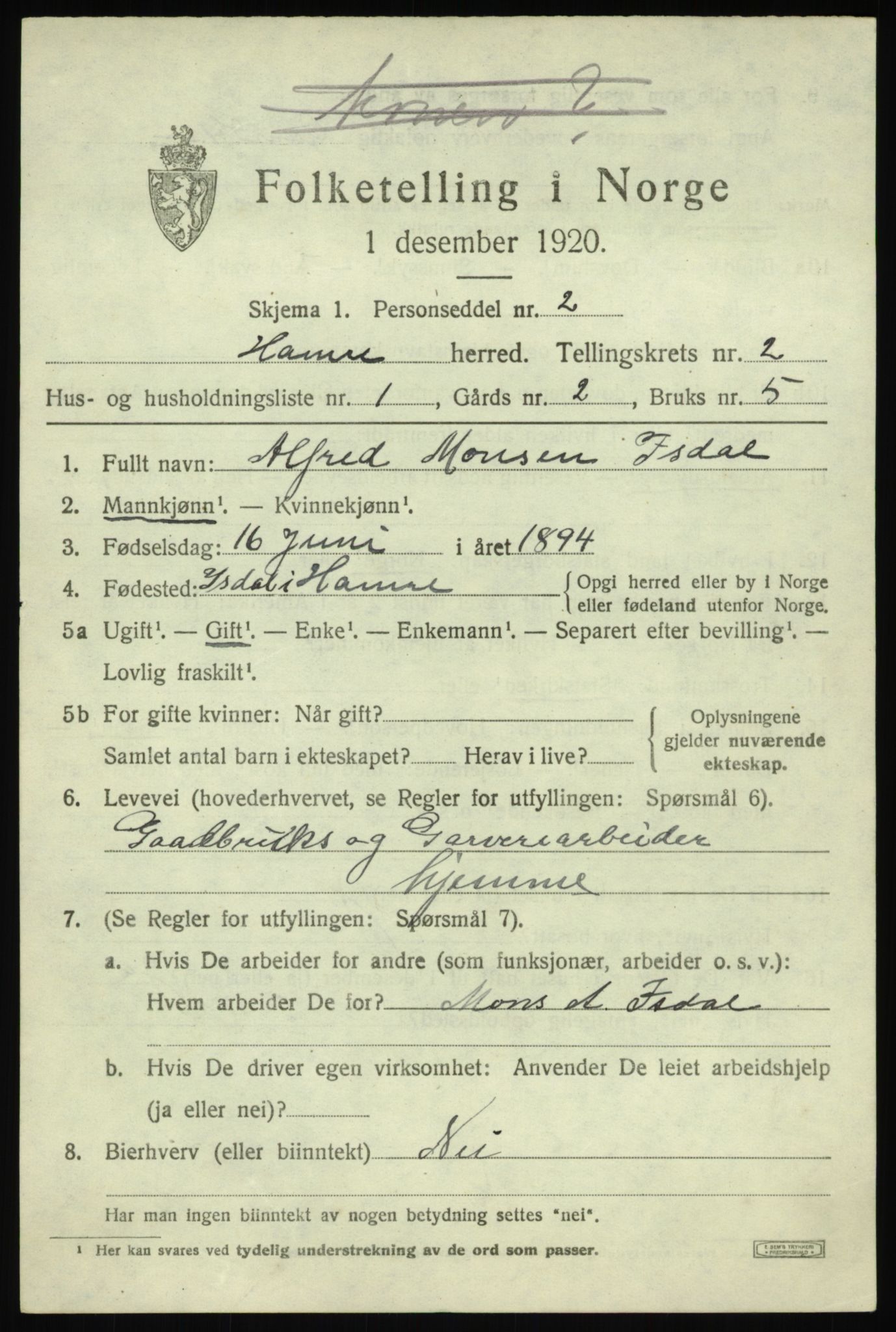 SAB, 1920 census for Hamre, 1920, p. 1263