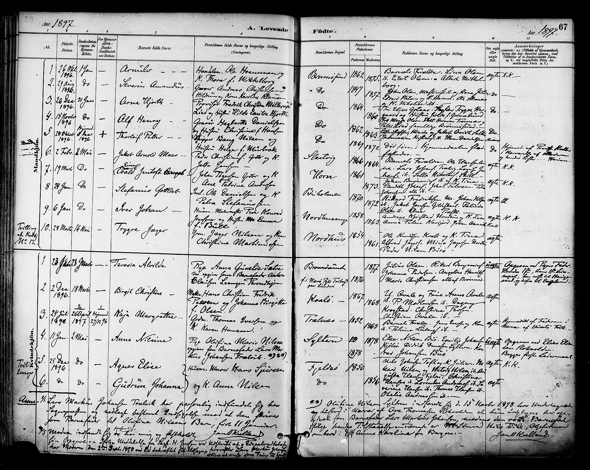Ministerialprotokoller, klokkerbøker og fødselsregistre - Nordland, SAT/A-1459/813/L0200: Parish register (official) no. 813A10, 1886-1900, p. 67
