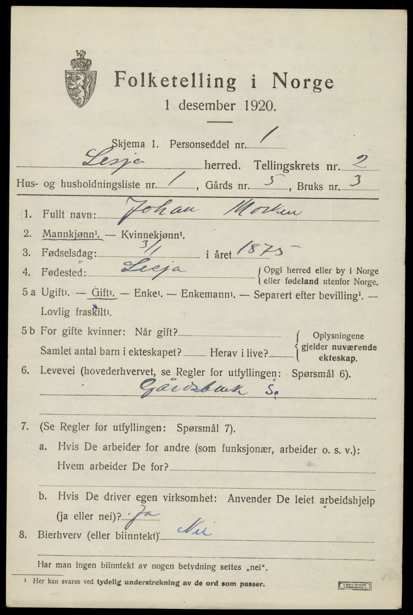 SAH, 1920 census for Lesja, 1920, p. 1624