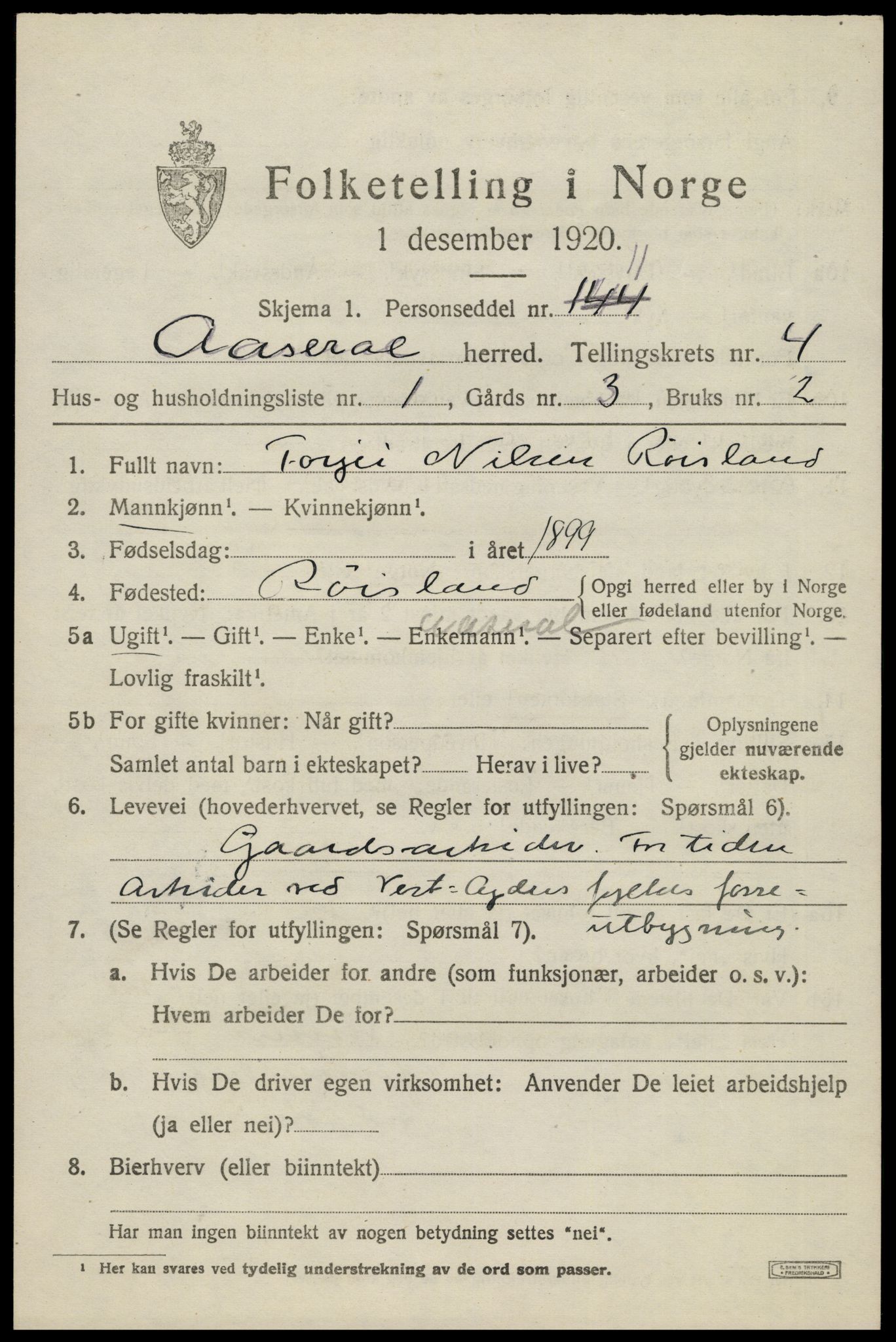SAK, 1920 census for Åseral, 1920, p. 1206