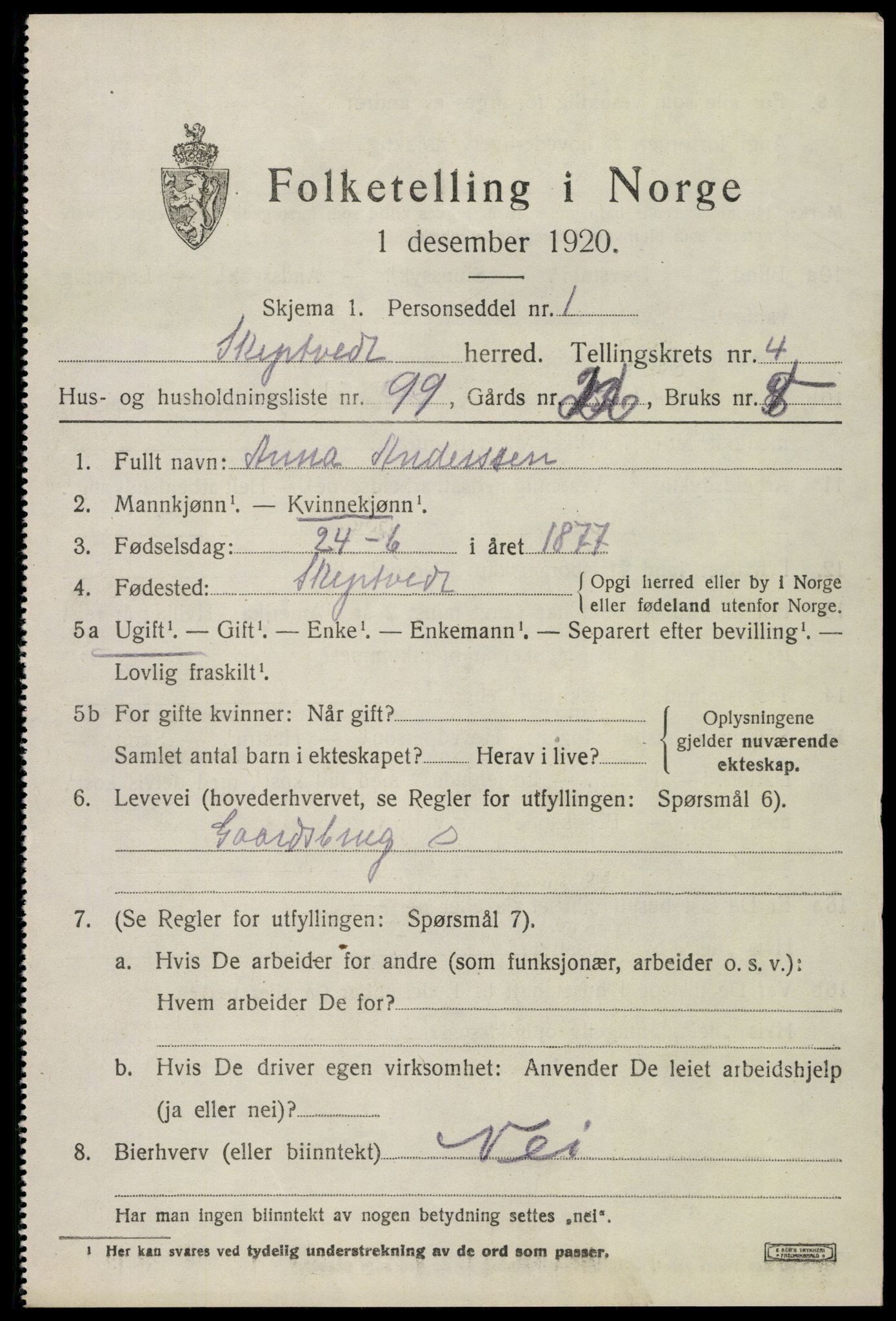 SAO, 1920 census for Skiptvet, 1920, p. 5193