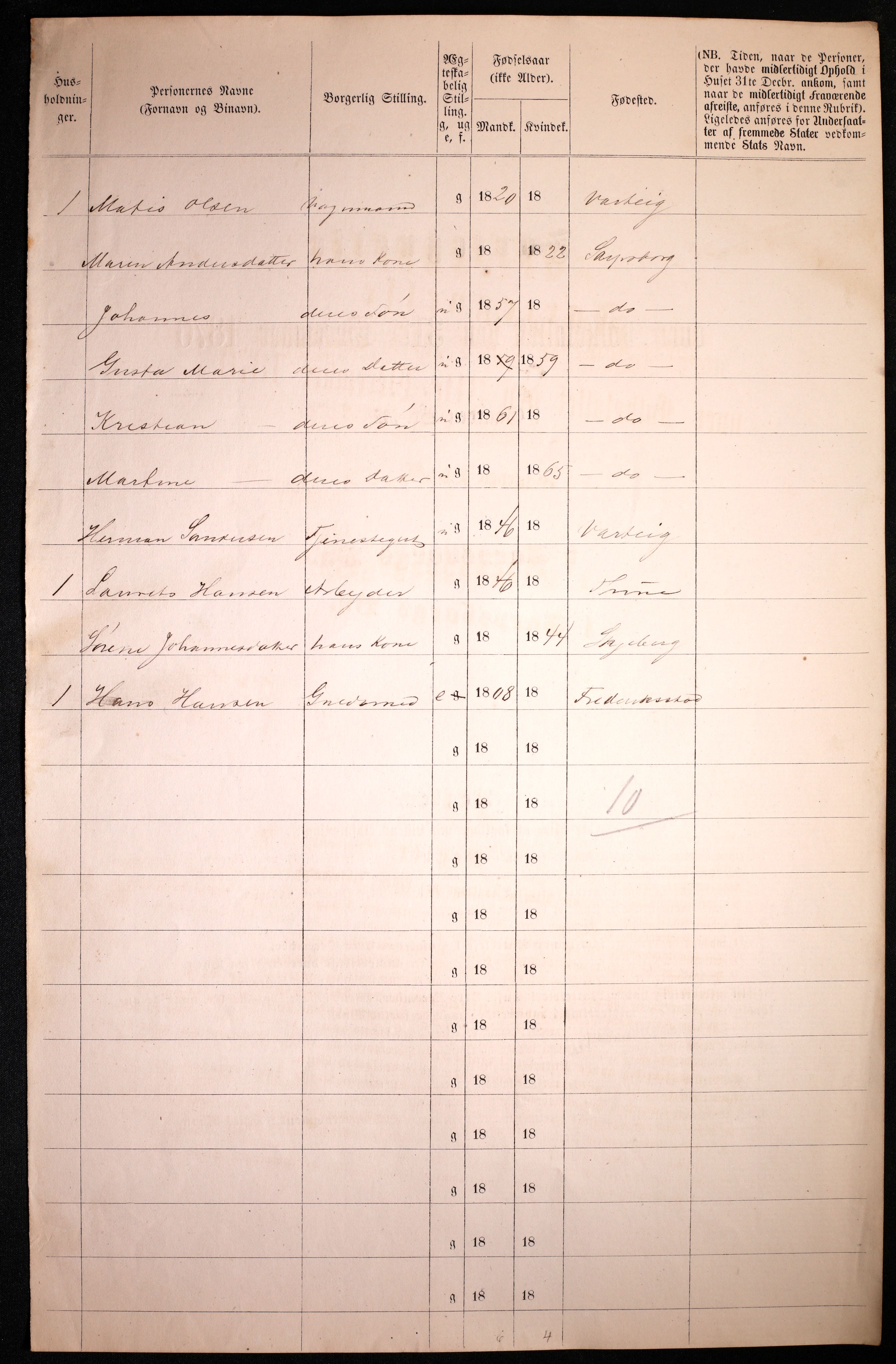 RA, 1870 census for 0102 Sarpsborg, 1870, p. 20