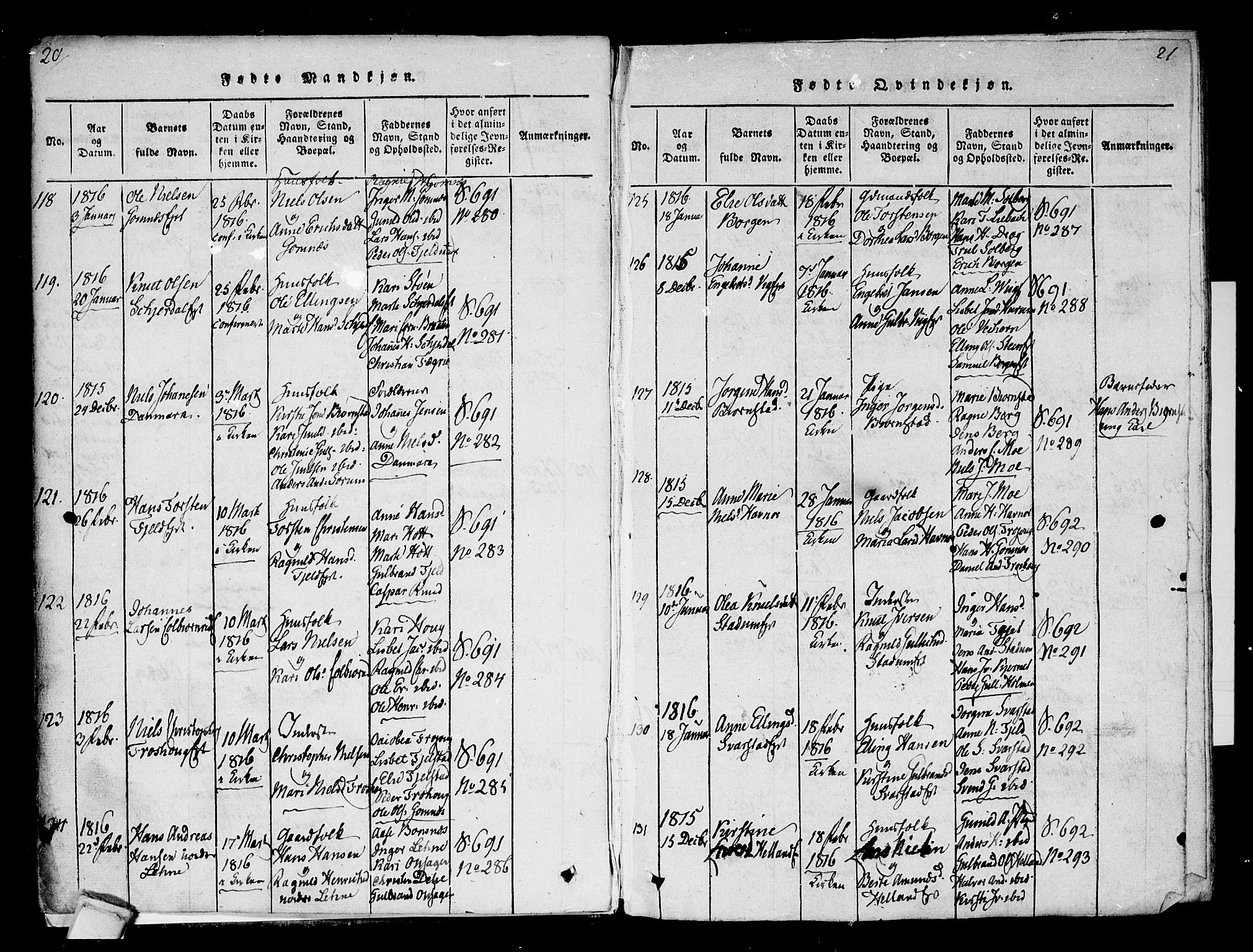 Hole kirkebøker, AV/SAKO-A-228/F/Fa/L0004: Parish register (official) no. I 4, 1814-1833, p. 20-21