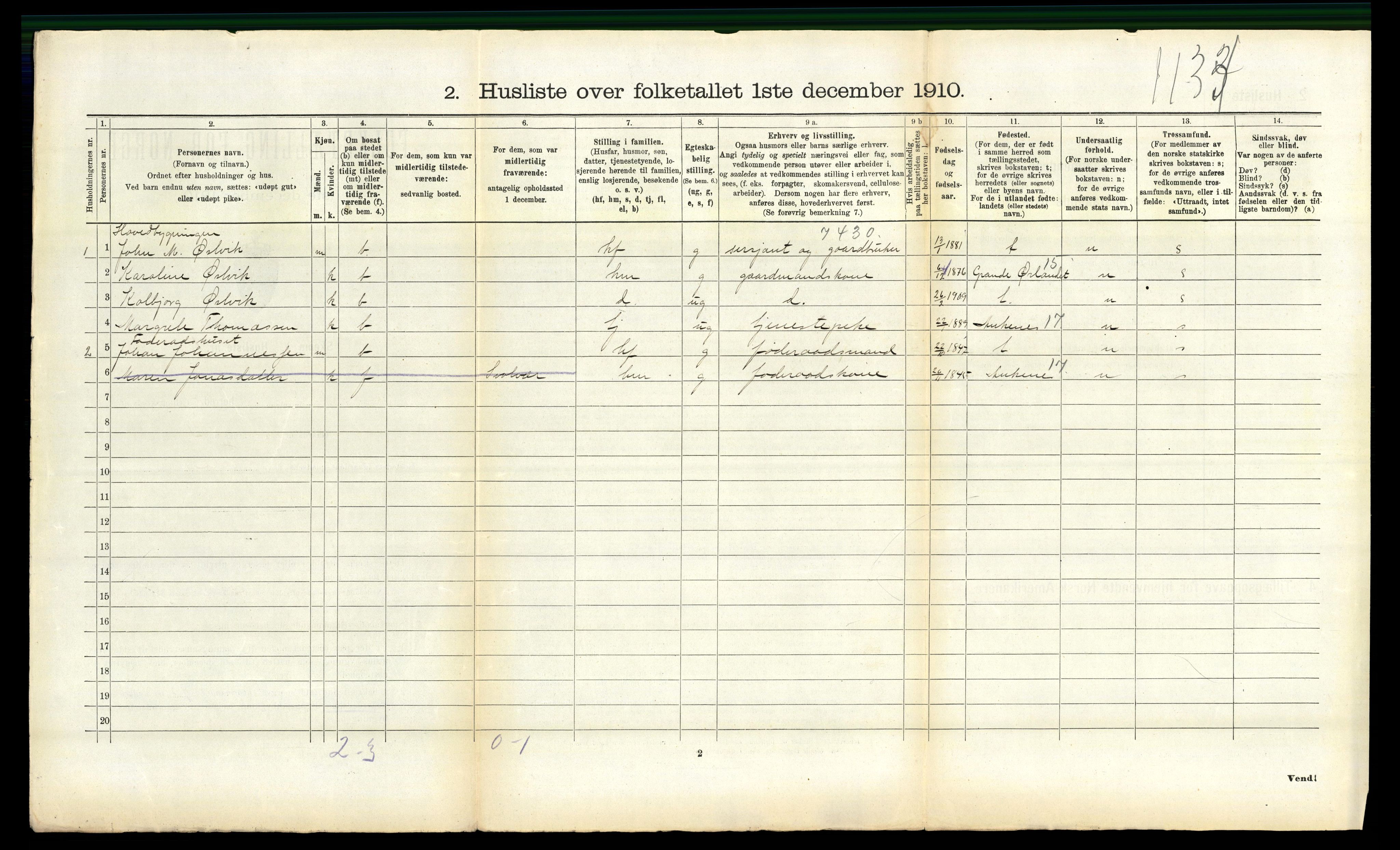 RA, 1910 census for Evenes, 1910, p. 1256