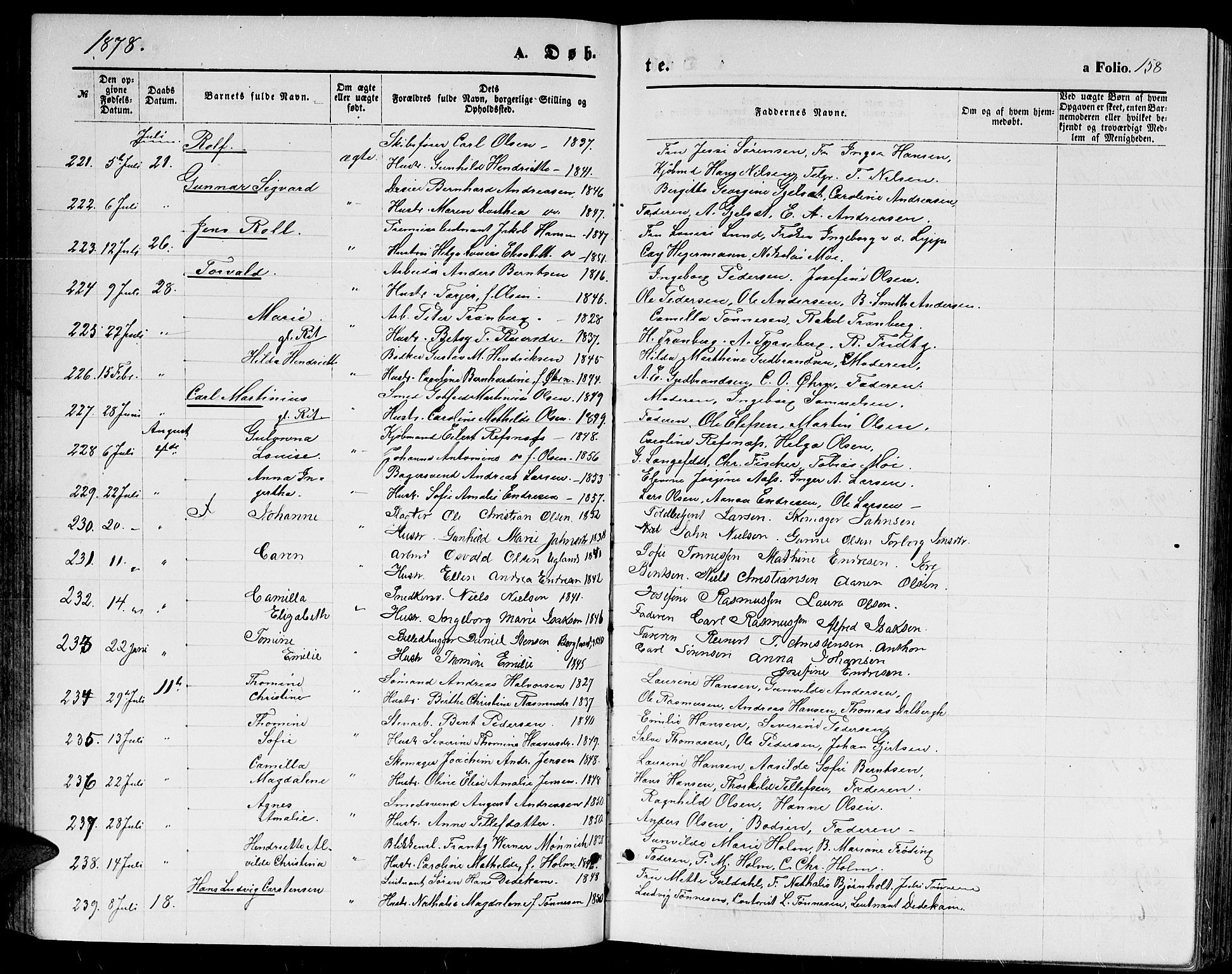 Kristiansand domprosti, SAK/1112-0006/F/Fb/L0013: Parish register (copy) no. B 13, 1871-1880, p. 158