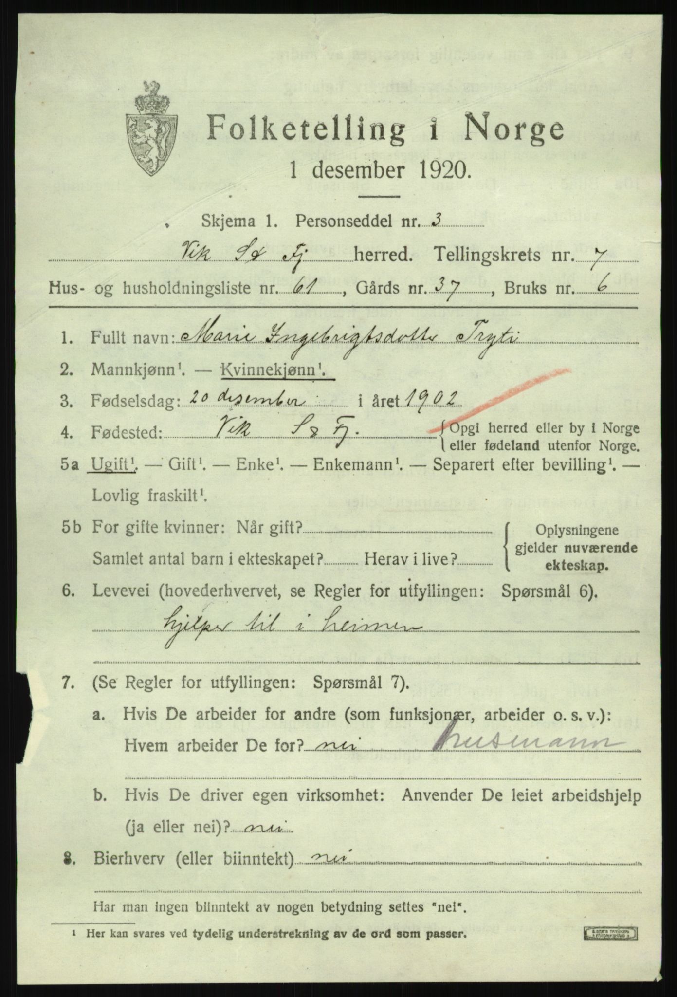 SAB, 1920 census for Vik, 1920, p. 5367