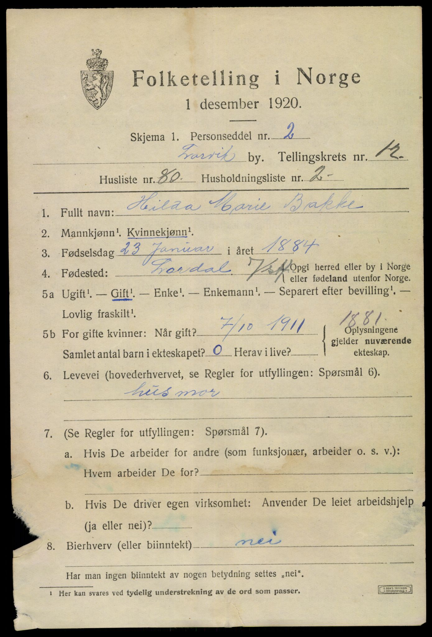 SAKO, 1920 census for Larvik, 1920, p. 31780