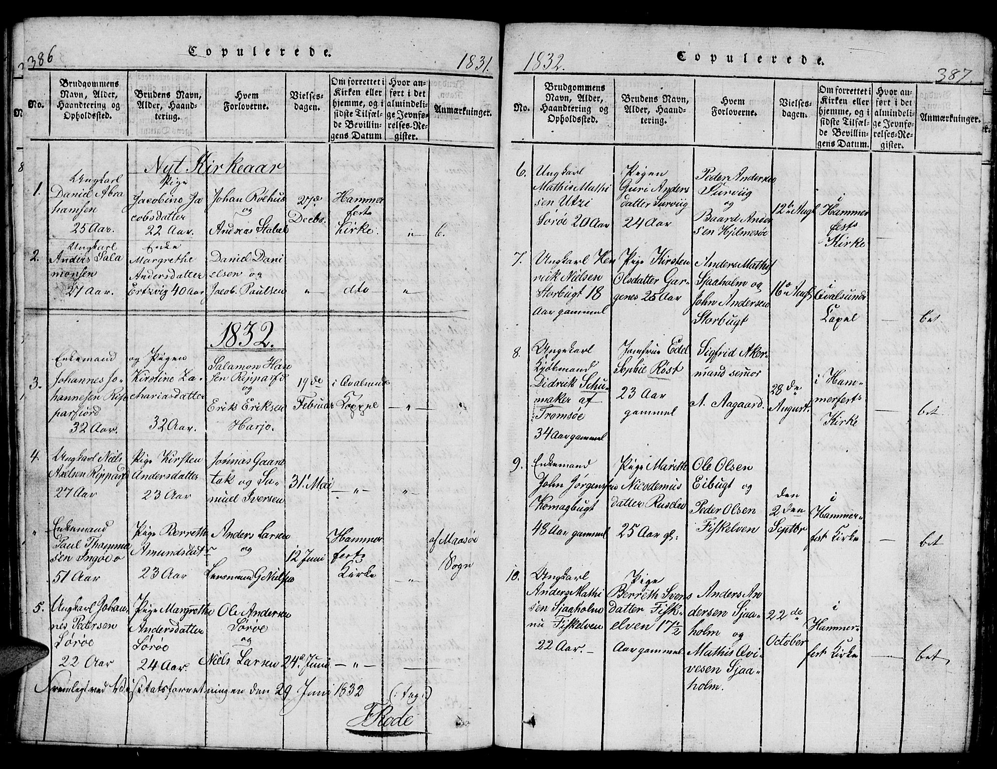 Hammerfest sokneprestkontor, AV/SATØ-S-1347/H/Hb/L0001.klokk: Parish register (copy) no. 1, 1822-1850, p. 386-387