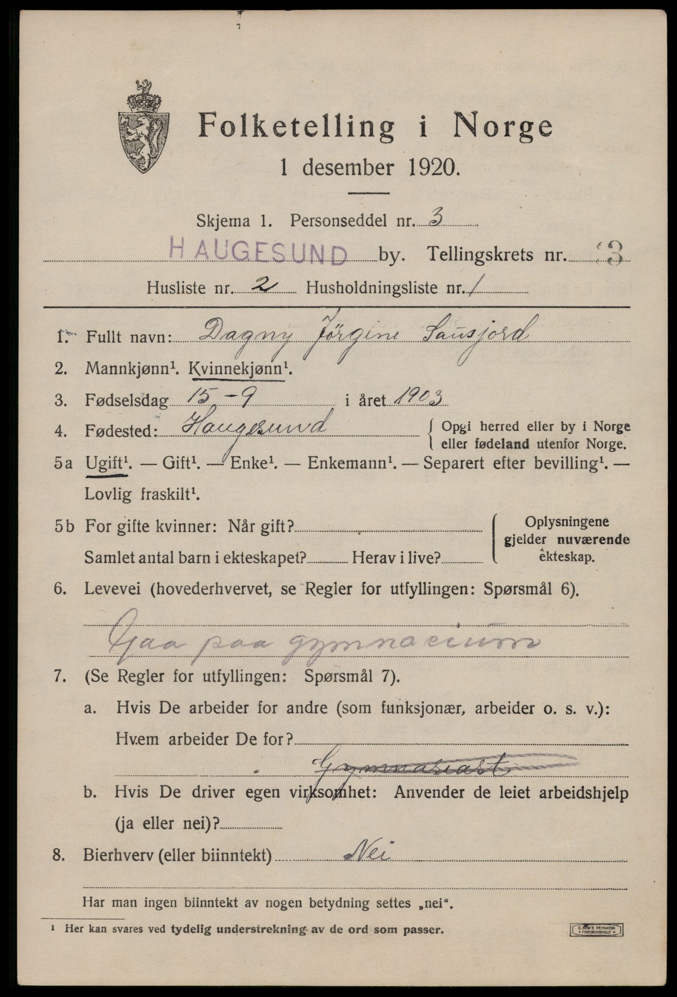 SAST, 1920 census for Haugesund, 1920, p. 14369