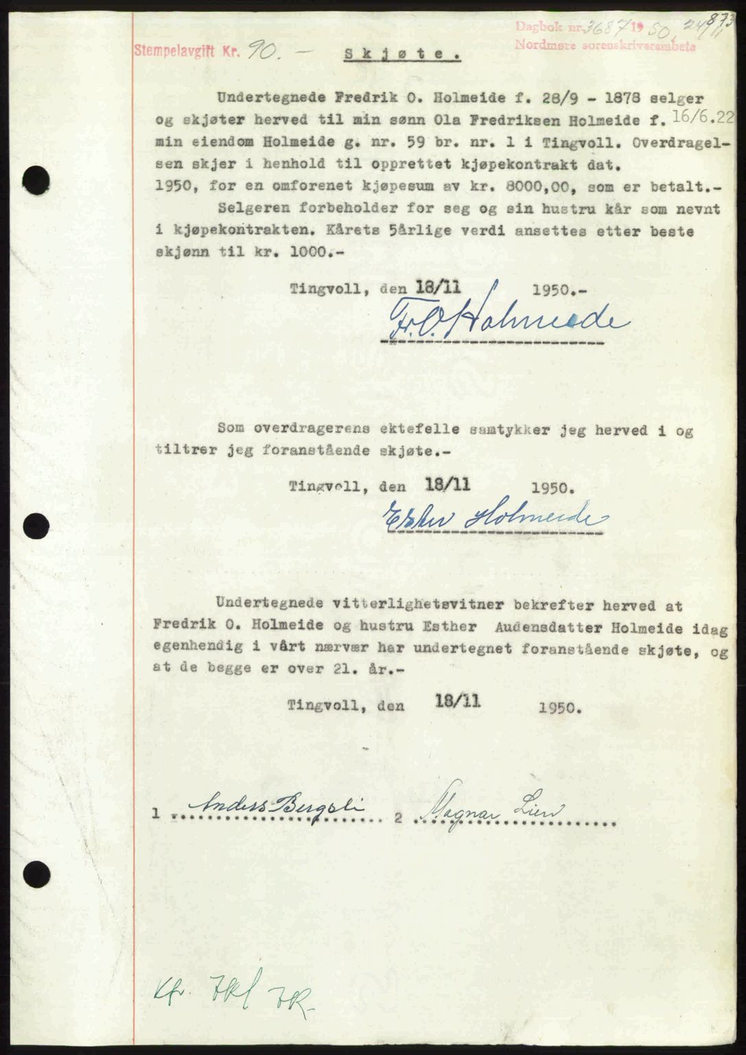 Nordmøre sorenskriveri, AV/SAT-A-4132/1/2/2Ca: Mortgage book no. A116, 1950-1950, Diary no: : 3687/1950