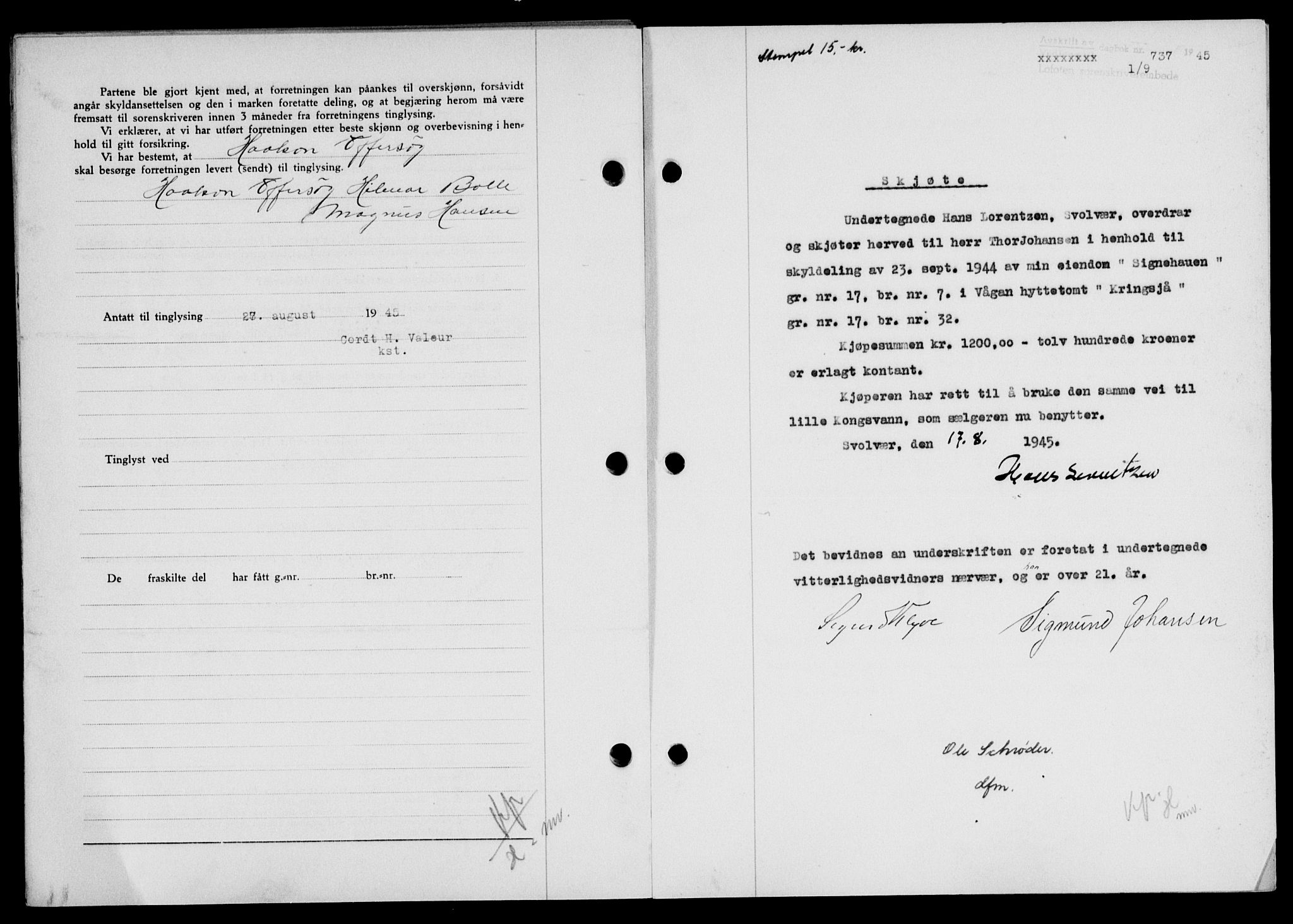 Lofoten sorenskriveri, SAT/A-0017/1/2/2C/L0013a: Mortgage book no. 13a, 1944-1946, Diary no: : 737/1945
