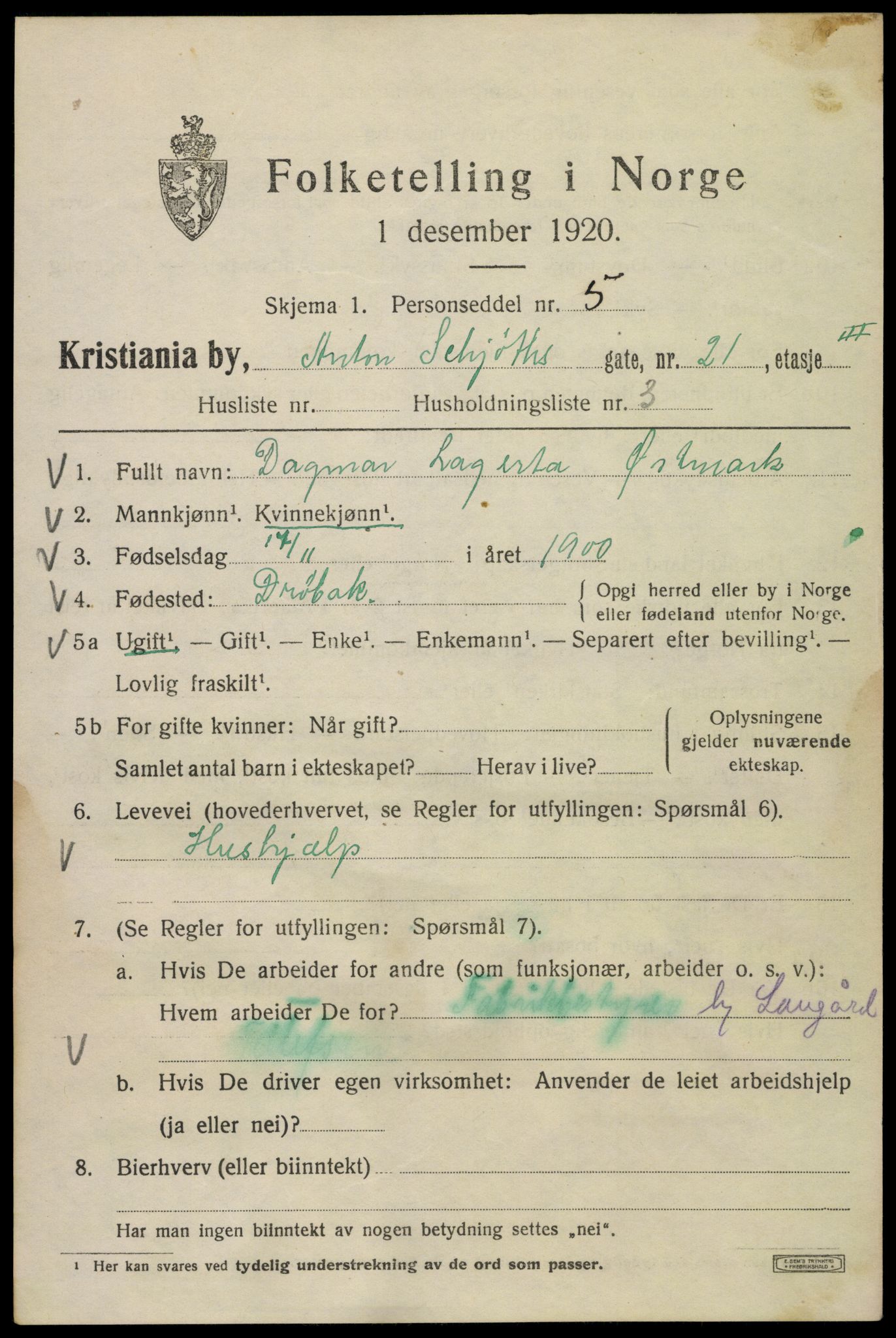 SAO, 1920 census for Kristiania, 1920, p. 141975