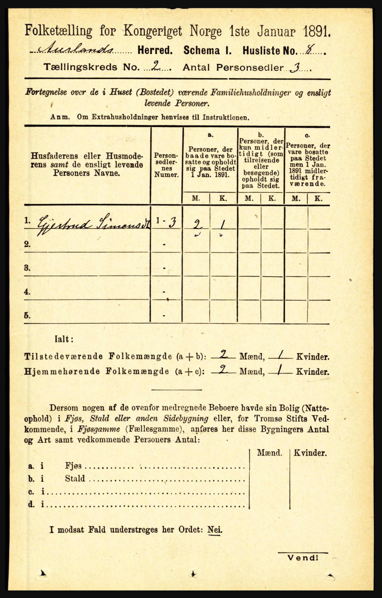 RA, 1891 census for 1421 Aurland, 1891, p. 421